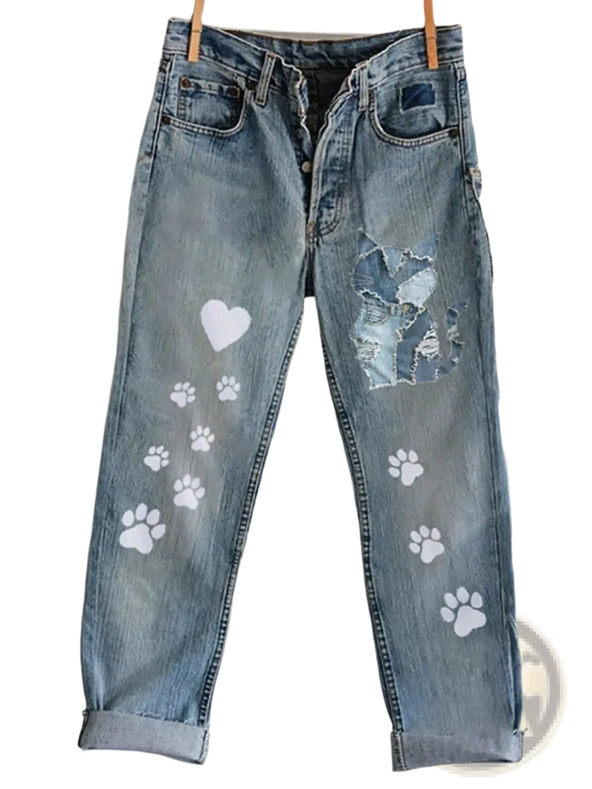 Light-wash denim cat print faux denim flared trousers with white paw prints heart design and distressed thigh patch