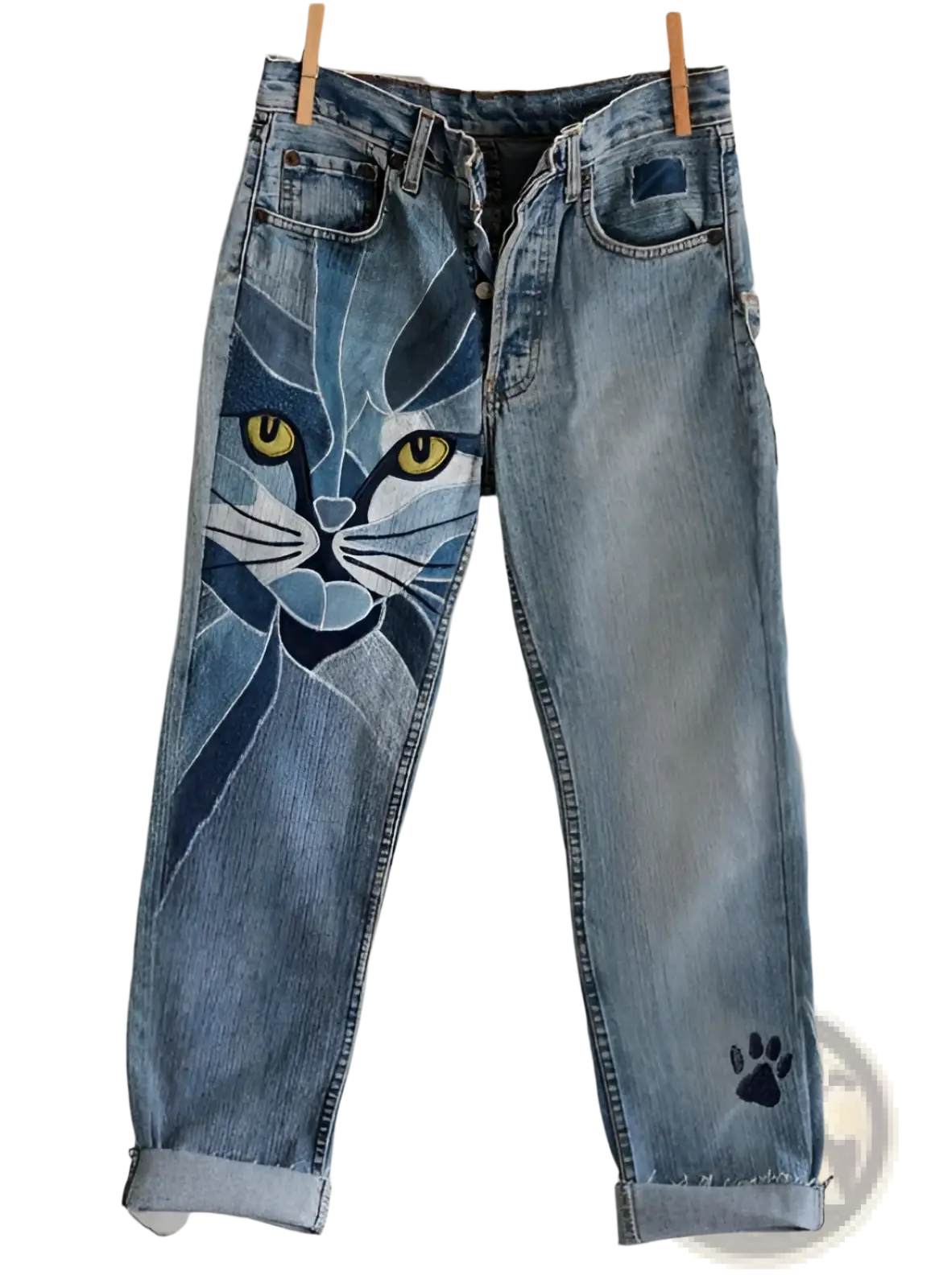Blue denim cat print faux denim flared trousers with detailed painted cat face and black paw print on left leg