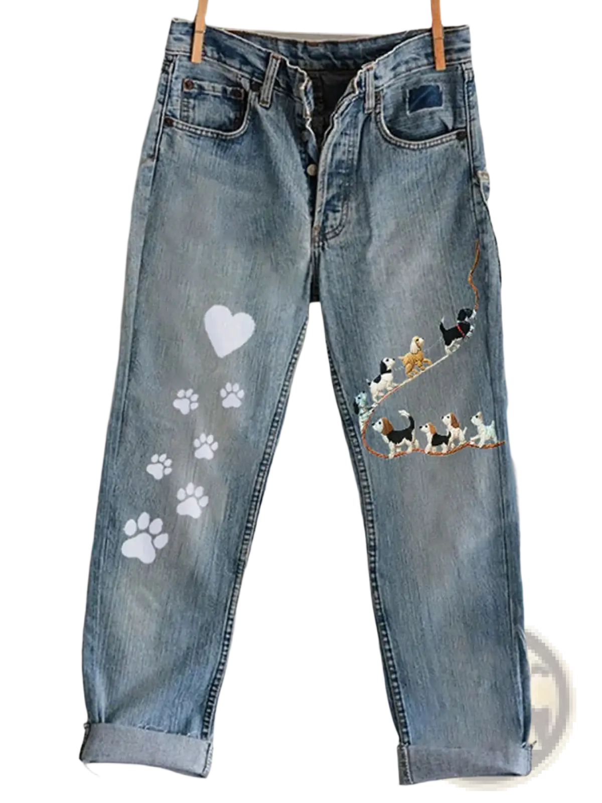 Light-wash faux denim flared trousers with white paw prints heart and embroidered cartoon dogs on the leg