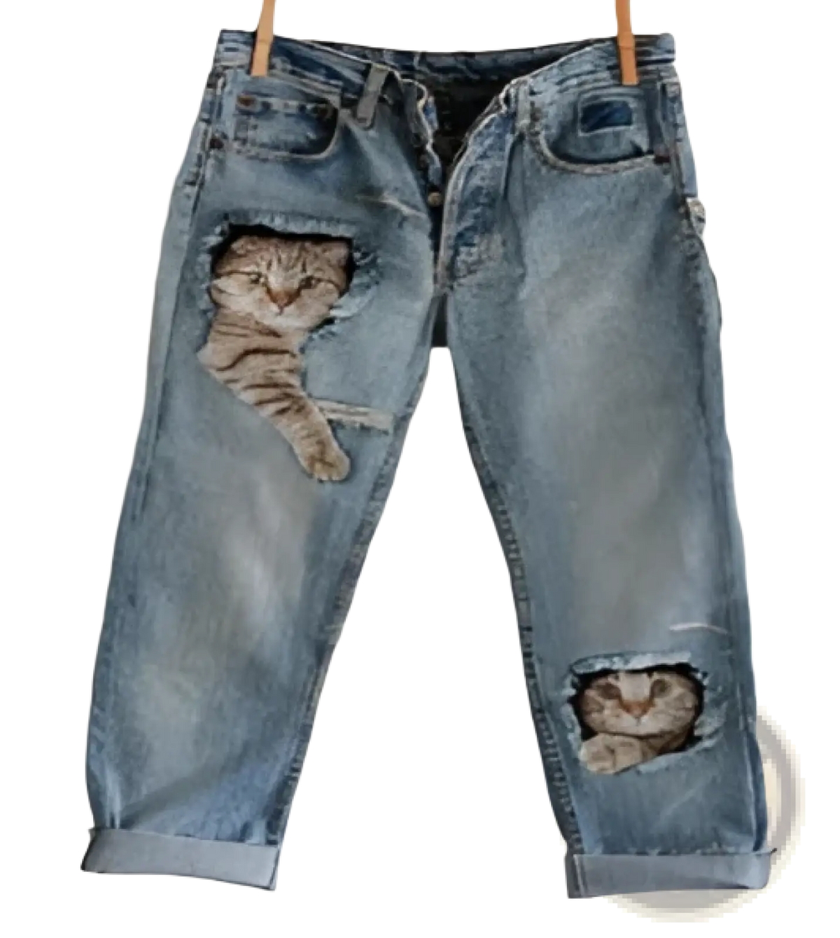 Light-wash cat print faux denim flared trousers with playful cat face patches at the knee holes