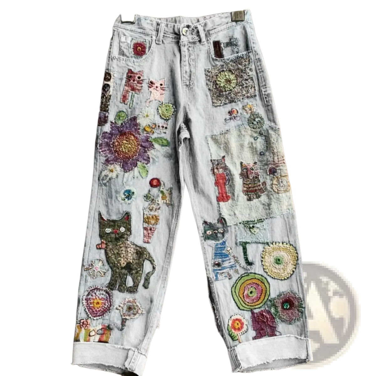 Light-wash faux denim flared trousers with colorful embroidered cat and floral patches for stylish casual wear