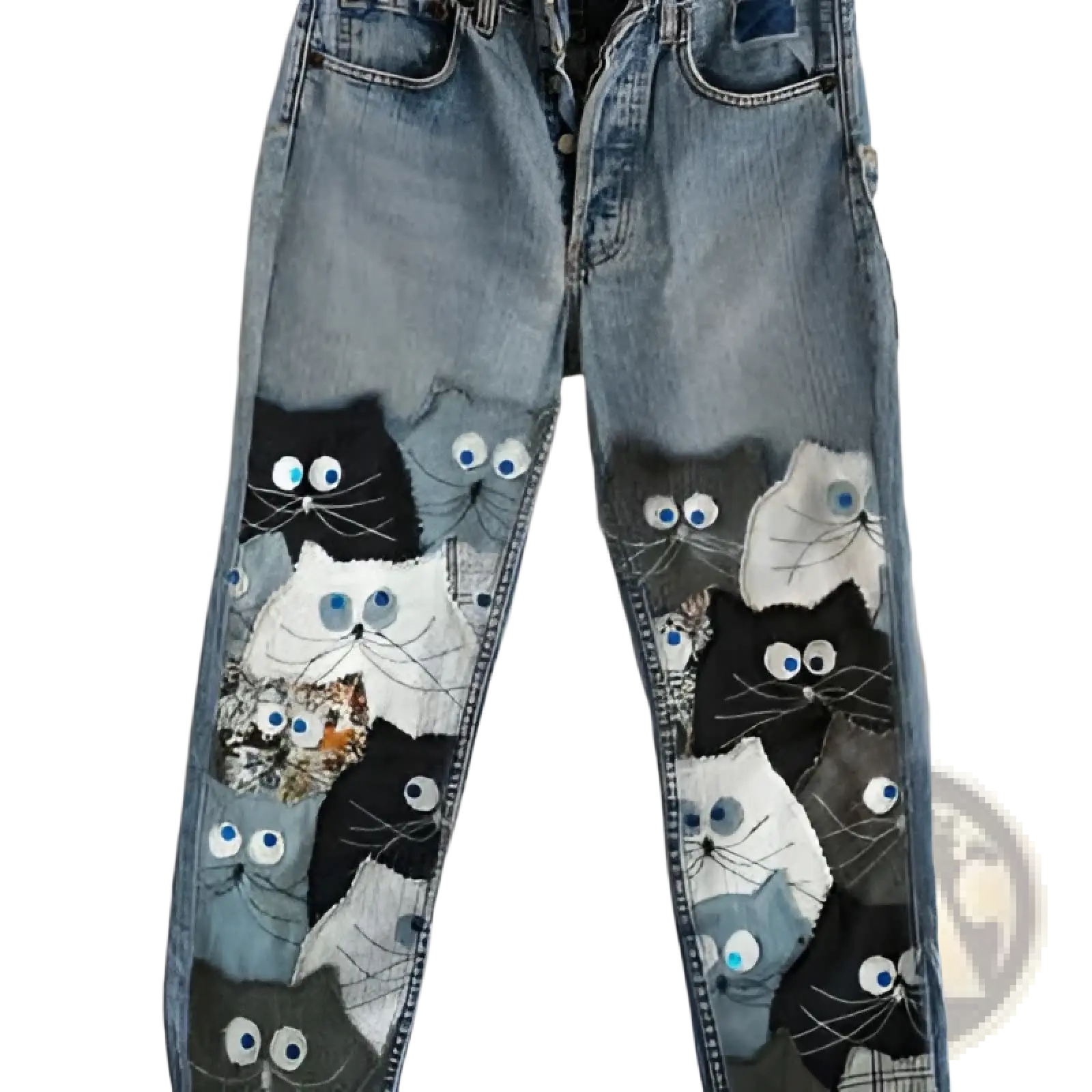 Blue denim cat print faux denim flared trousers featuring black white and gray cat appliqués with embroidered eyes