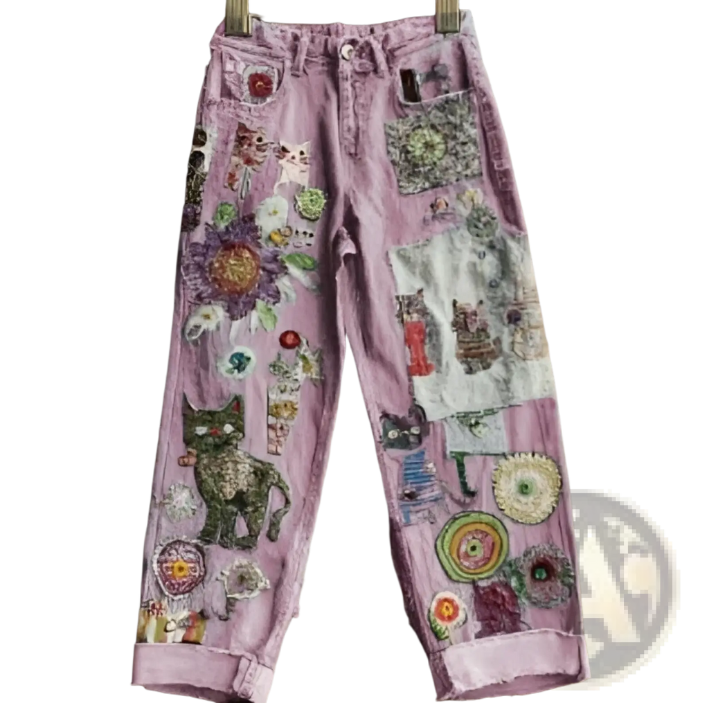 Purple corduroy cat print faux denim flared trousers with colorful embroidered cats and floral patches