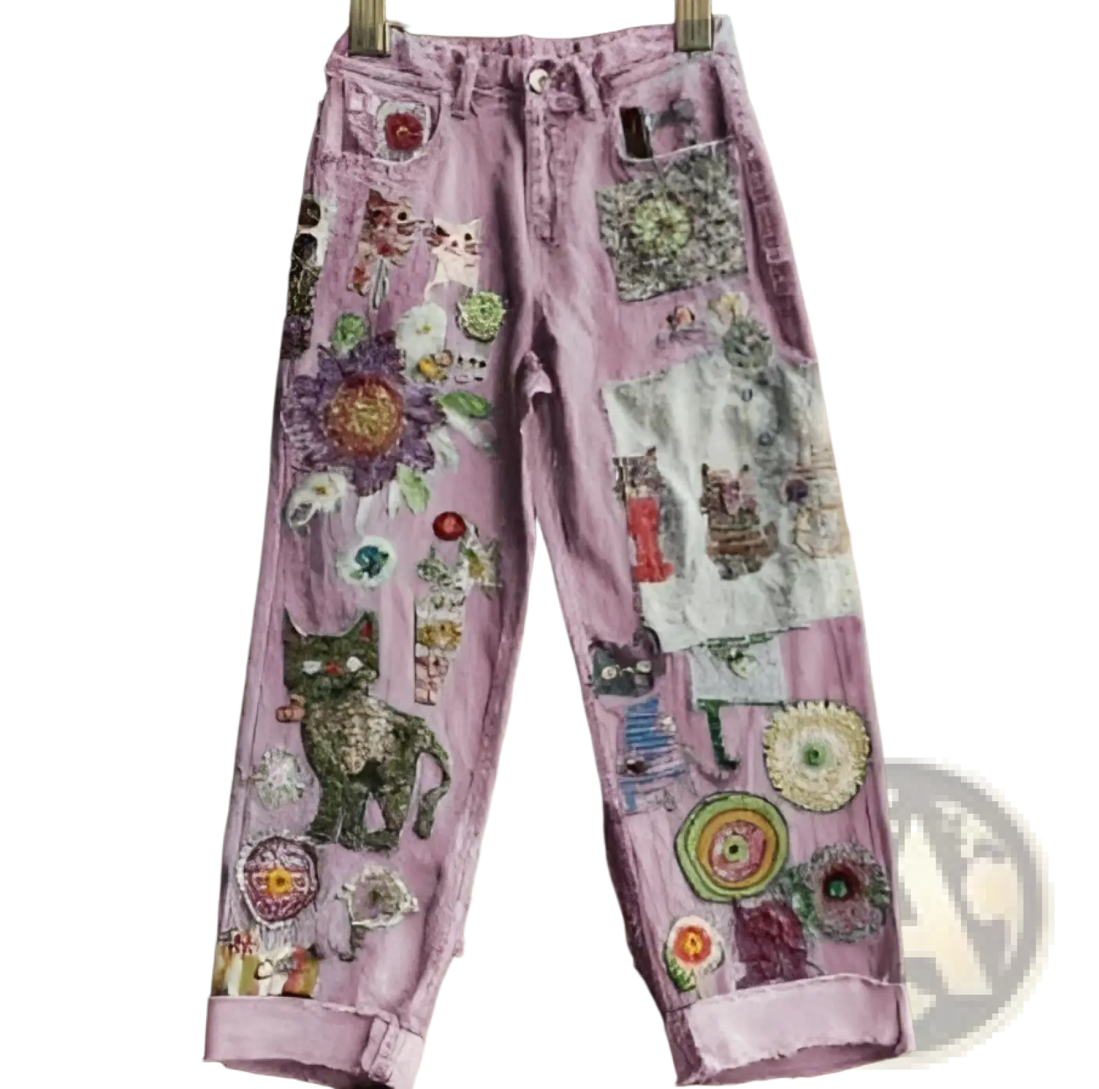 Purple corduroy cat print faux denim flared trousers with colorful embroidered cats and floral patches