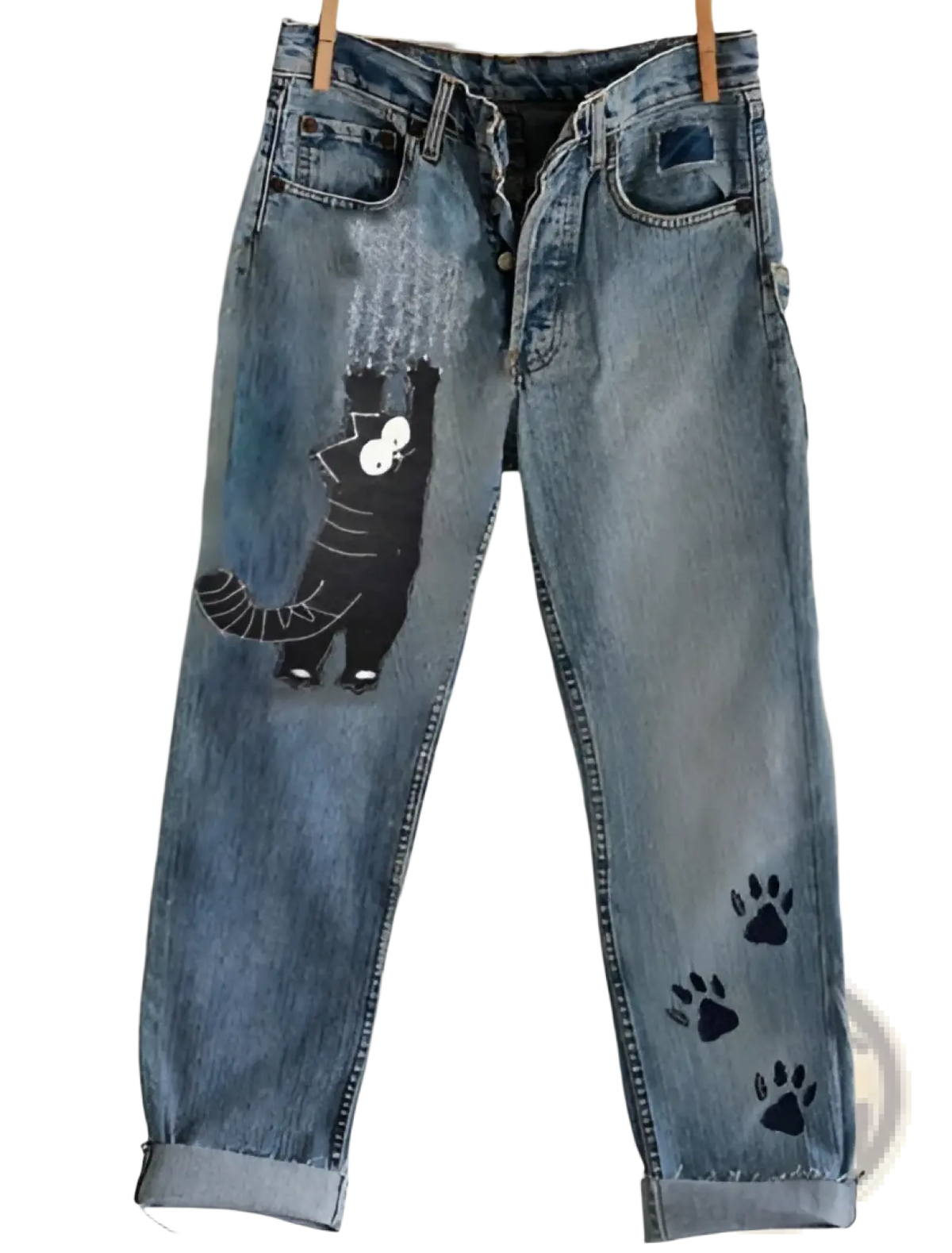 Light-wash denim cat print faux denim flared trousers with black cat appliqué and paw prints on leg