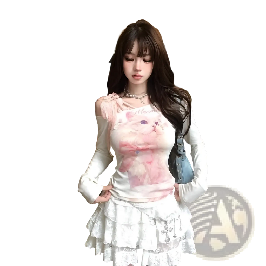 Cat print lace halter long sleeve top in pink and white with a layered lace skirt for a stylish look