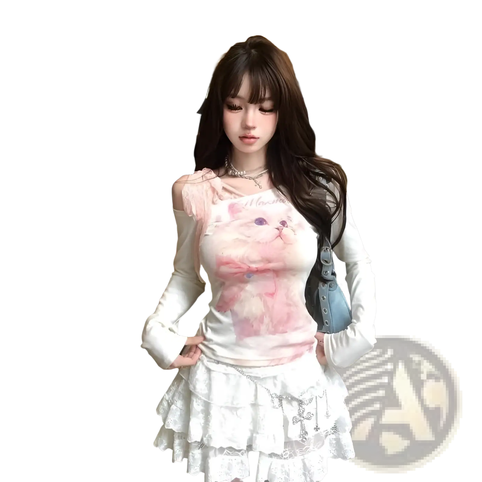 Cat print lace halter long sleeve top in pink and white with a layered lace skirt for a stylish look