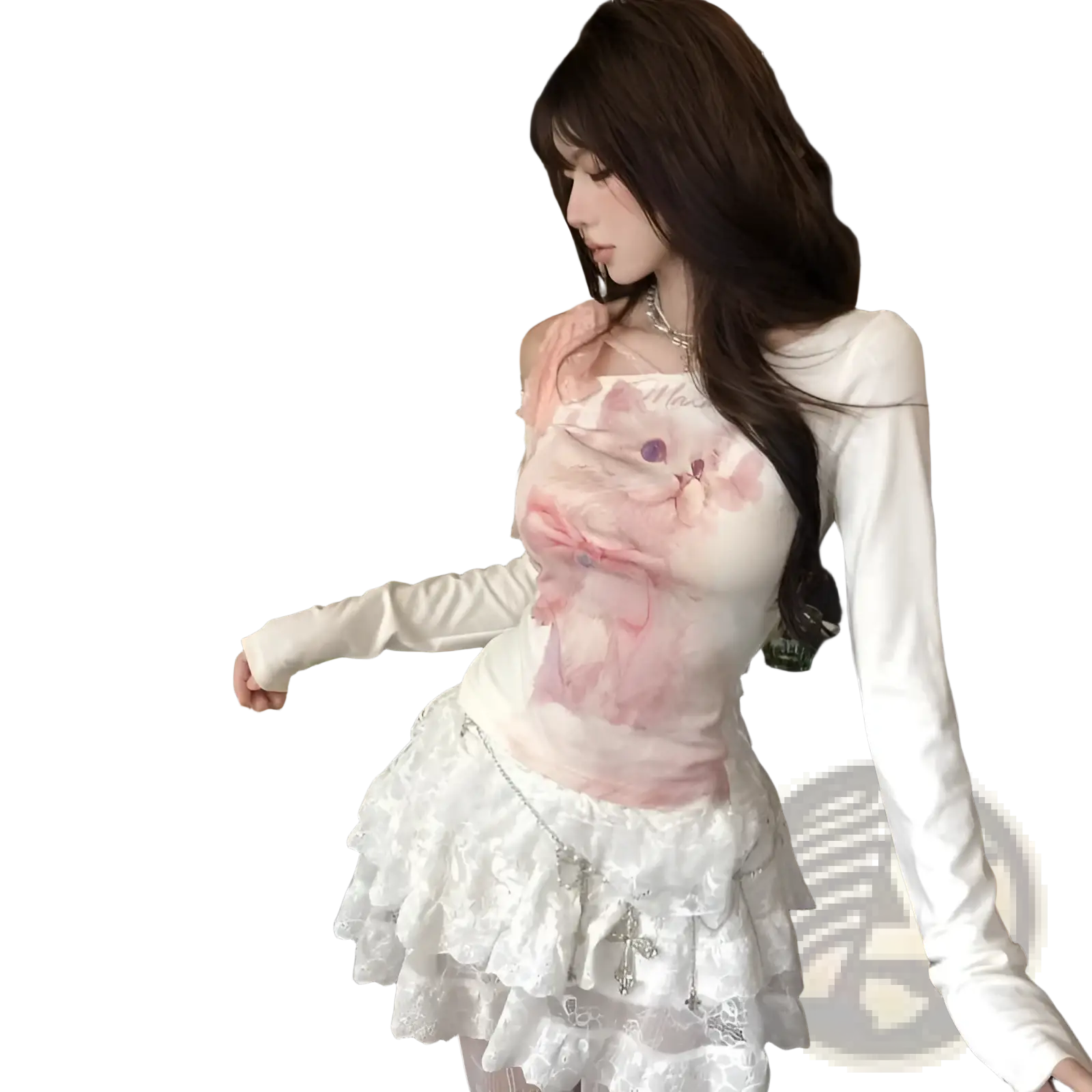 White long-sleeved top with pink cat graphic and ruffled lace skirt featuring a halter neckline and delicate lace material