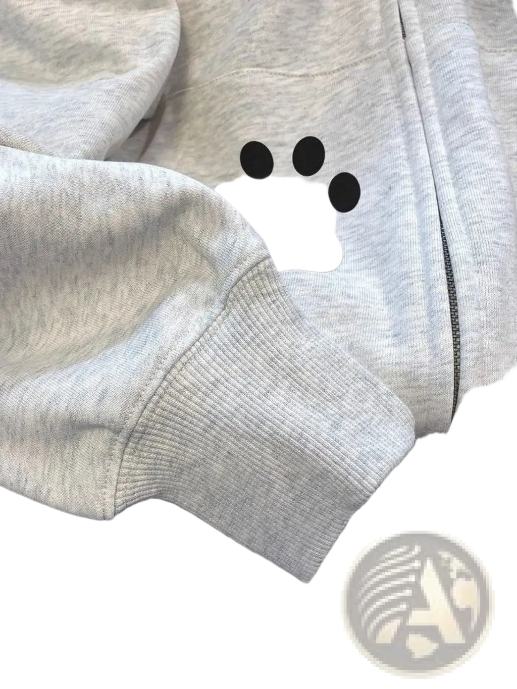 Cat print zip up hoodie with black paw print graphic on heather gray warm kawaii sweatshirt front side view