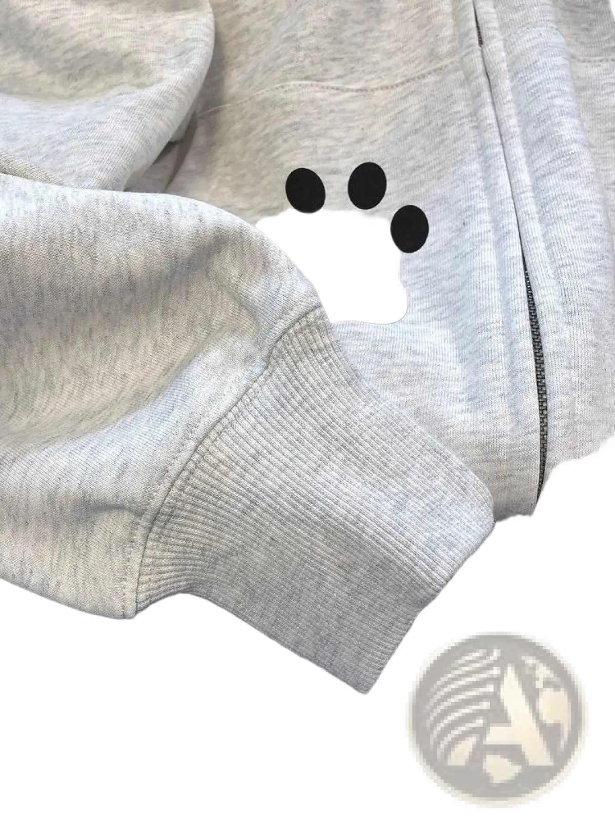 Cat print zip up hoodie with black paw print graphic on heather gray warm kawaii sweatshirt front side view