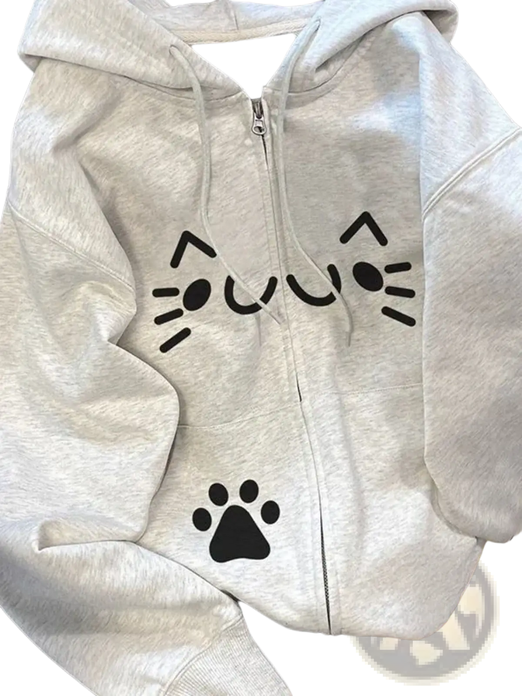 A light gray zip-up hoodie with black cat face and paw print graphics warm kawaii sweatshirt
