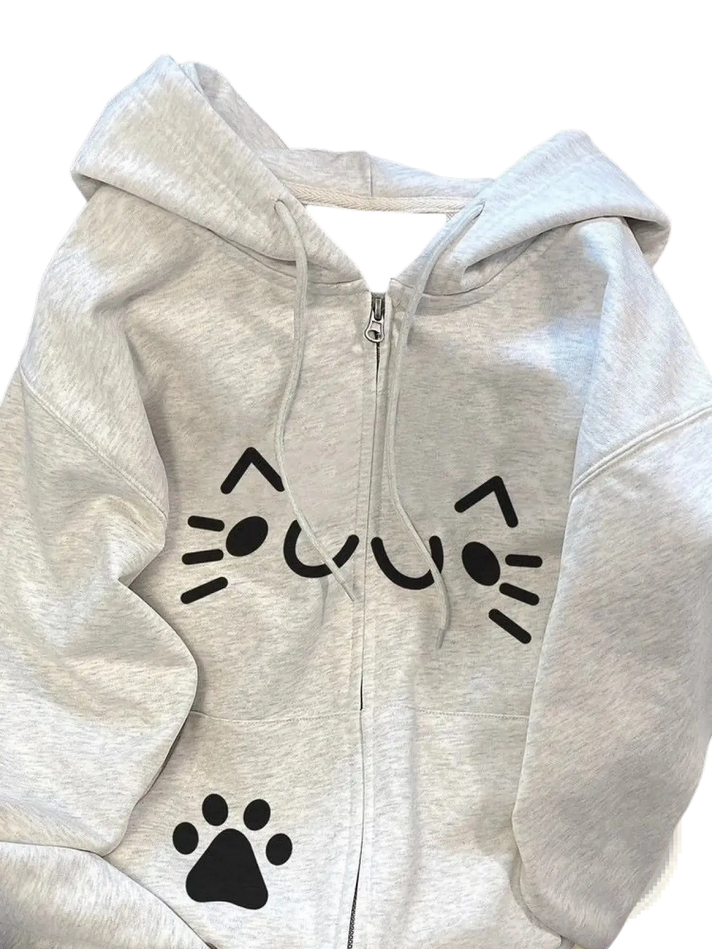 A light gray zip-up hoodie with black cat face and paw prints designed as a warm kawaii sweatshirt