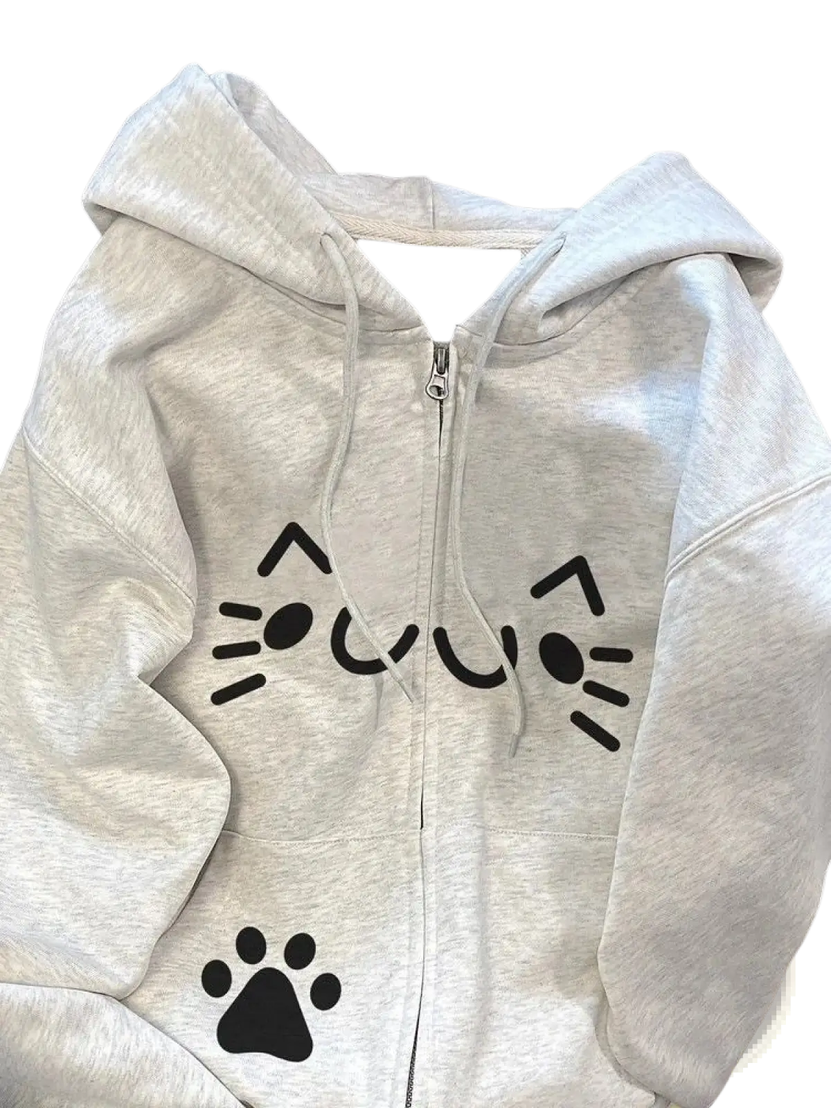 A light gray zip-up hoodie with black cat face and paw prints designed as a warm kawaii sweatshirt