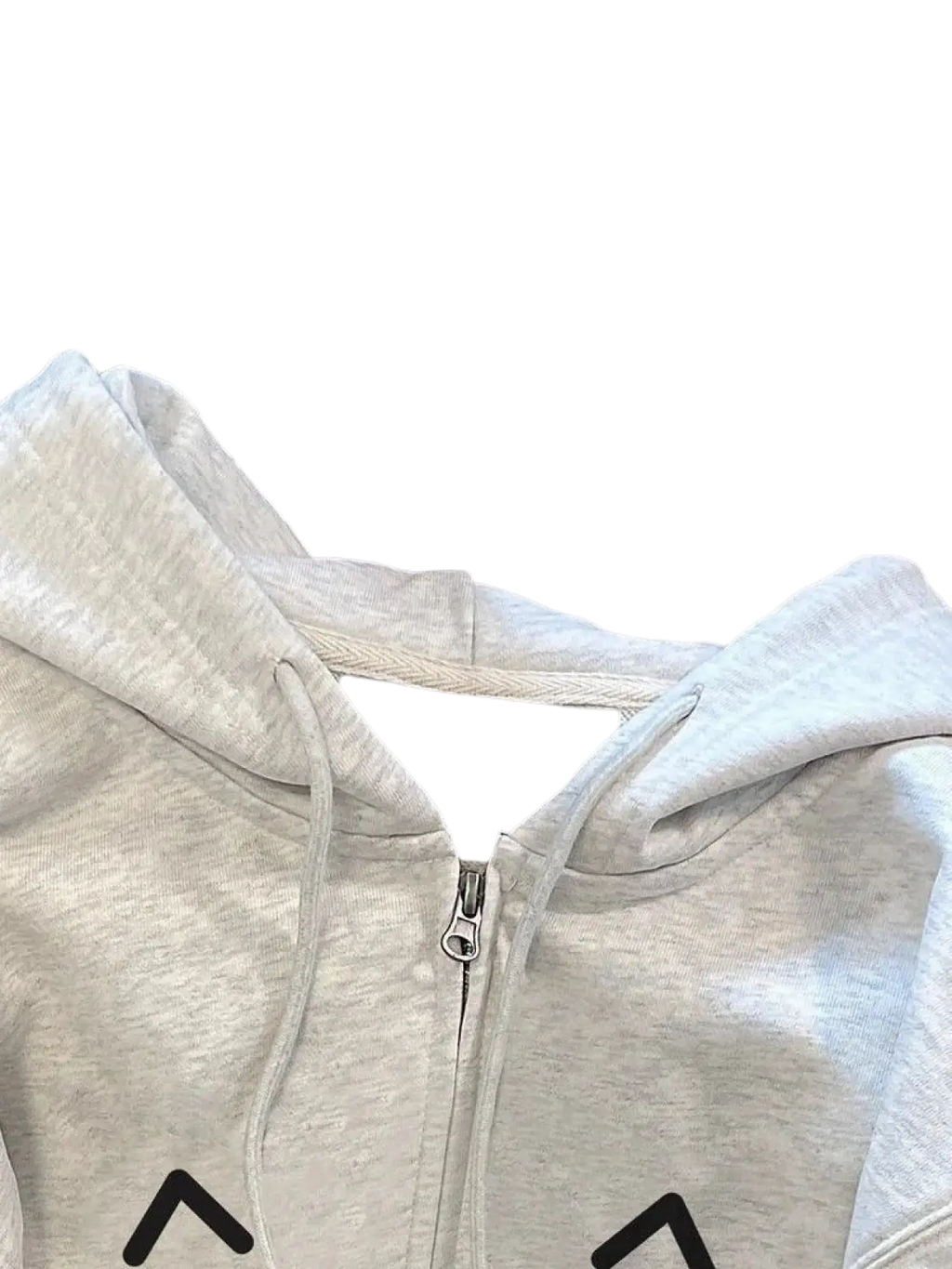 A light gray cat print zip up hoodie with soft textured fabric and black angular graphic details on the front