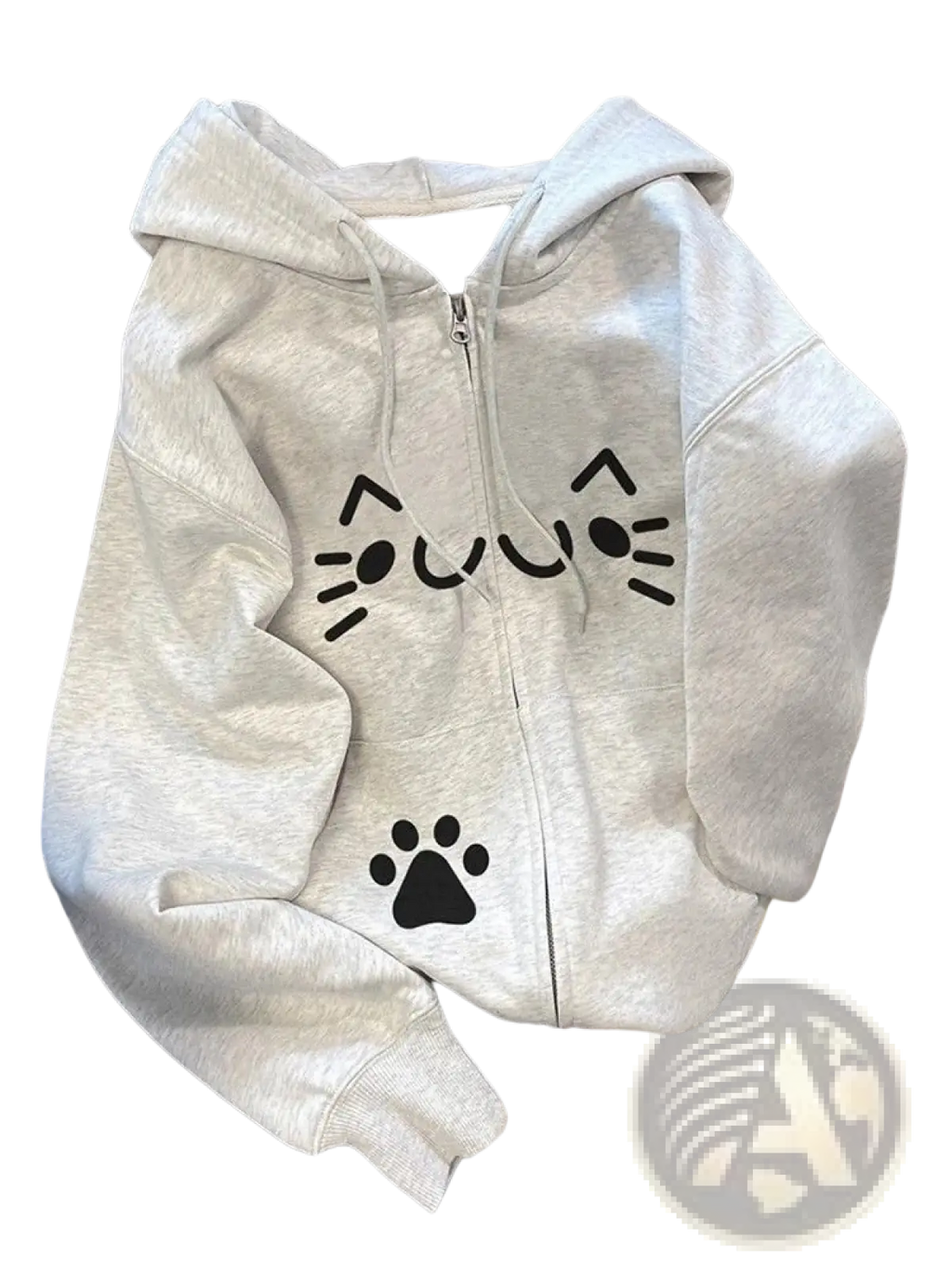 A soft heather gray zip up hoodie with a warm kawaii black cat face and paw print design