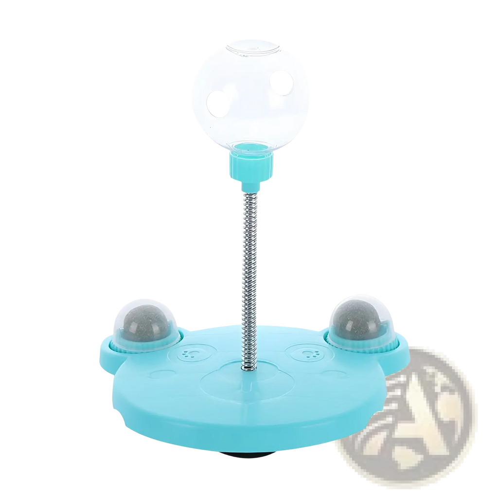 Light blue plastic cat puzzle toy tumbler food dispenser with clear spherical top silver spring stem and gray ball dispensers
