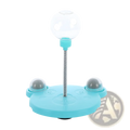Light blue plastic cat puzzle toy tumbler food dispenser with clear spherical top silver spring stem and gray ball dispensers