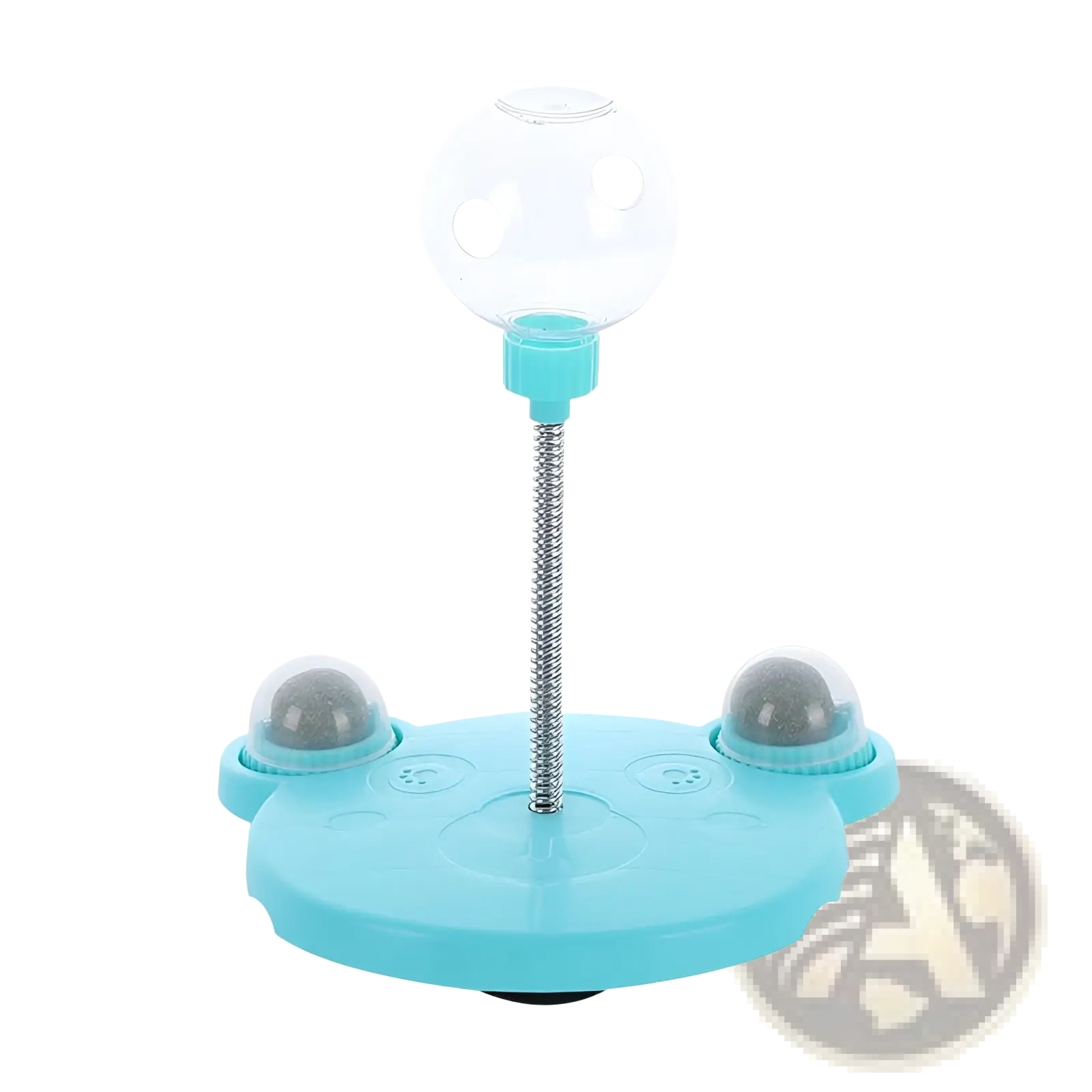 Light blue plastic cat puzzle toy tumbler food dispenser with clear spherical top silver spring stem and gray ball dispensers