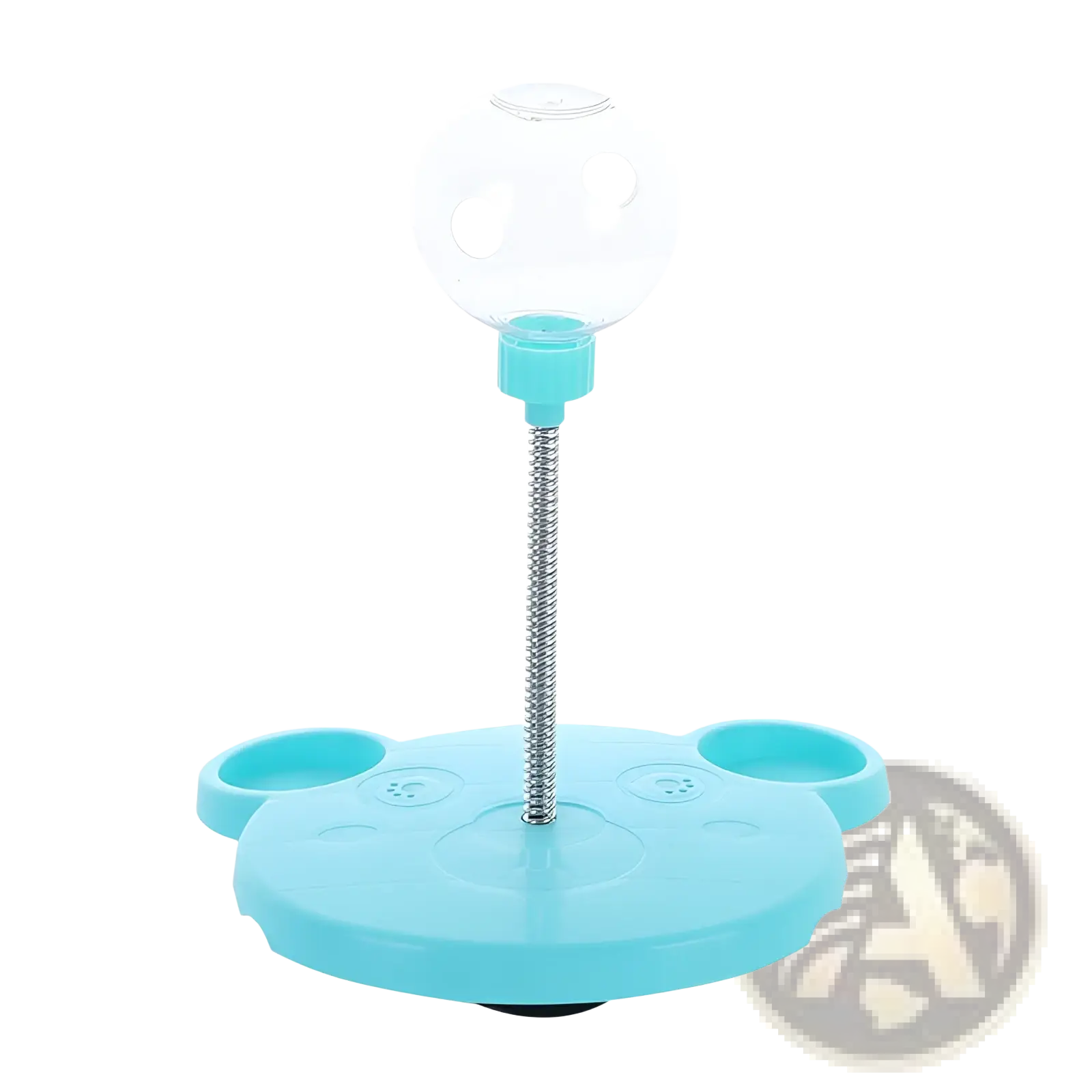 Light blue plastic cat puzzle toy tumbler food dispenser with suction cup clear glass bottle and flexible metal stem