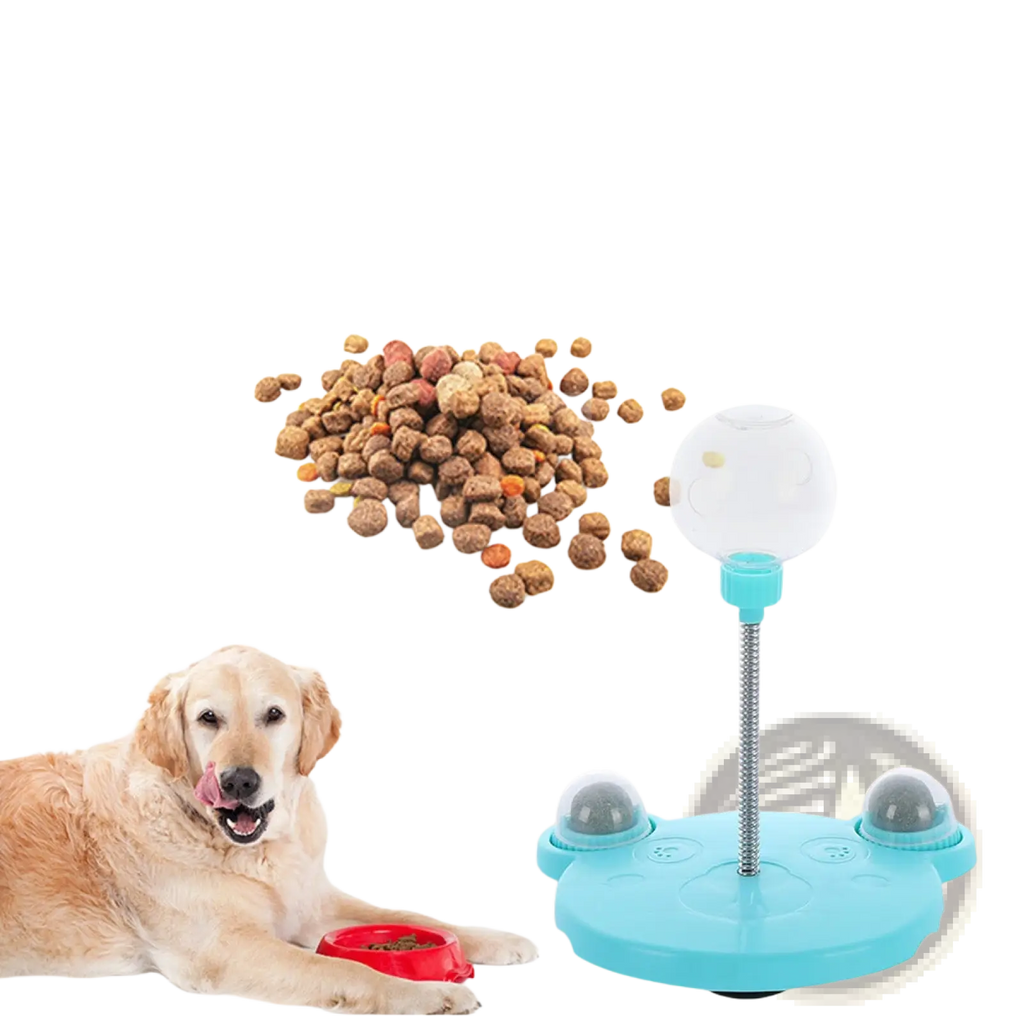 Light blue plastic cat puzzle toy tumbler food dispenser with transparent dome and silver telescoping pole with suction cup