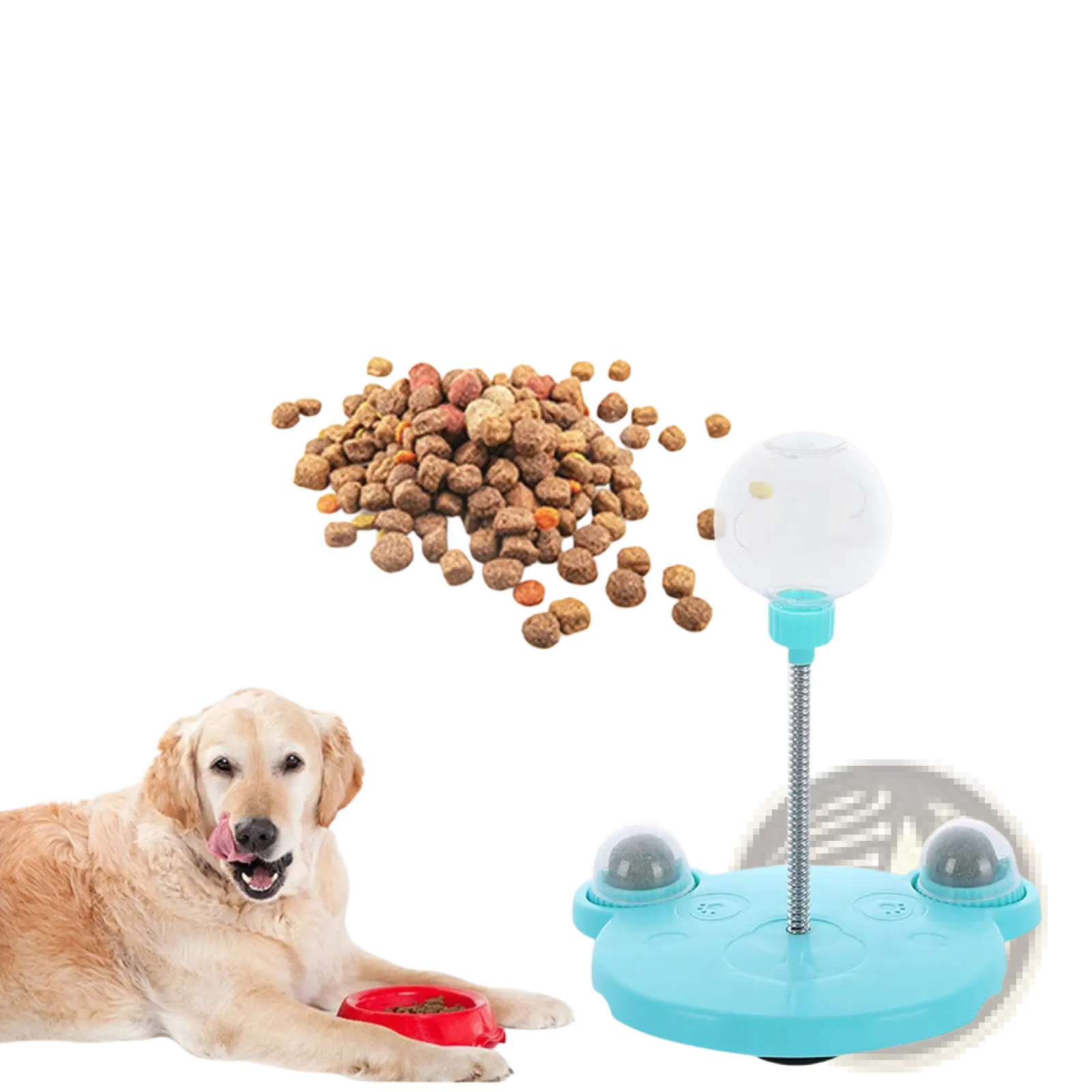 Light blue plastic cat puzzle toy tumbler food dispenser with transparent dome and silver telescoping pole with suction cup