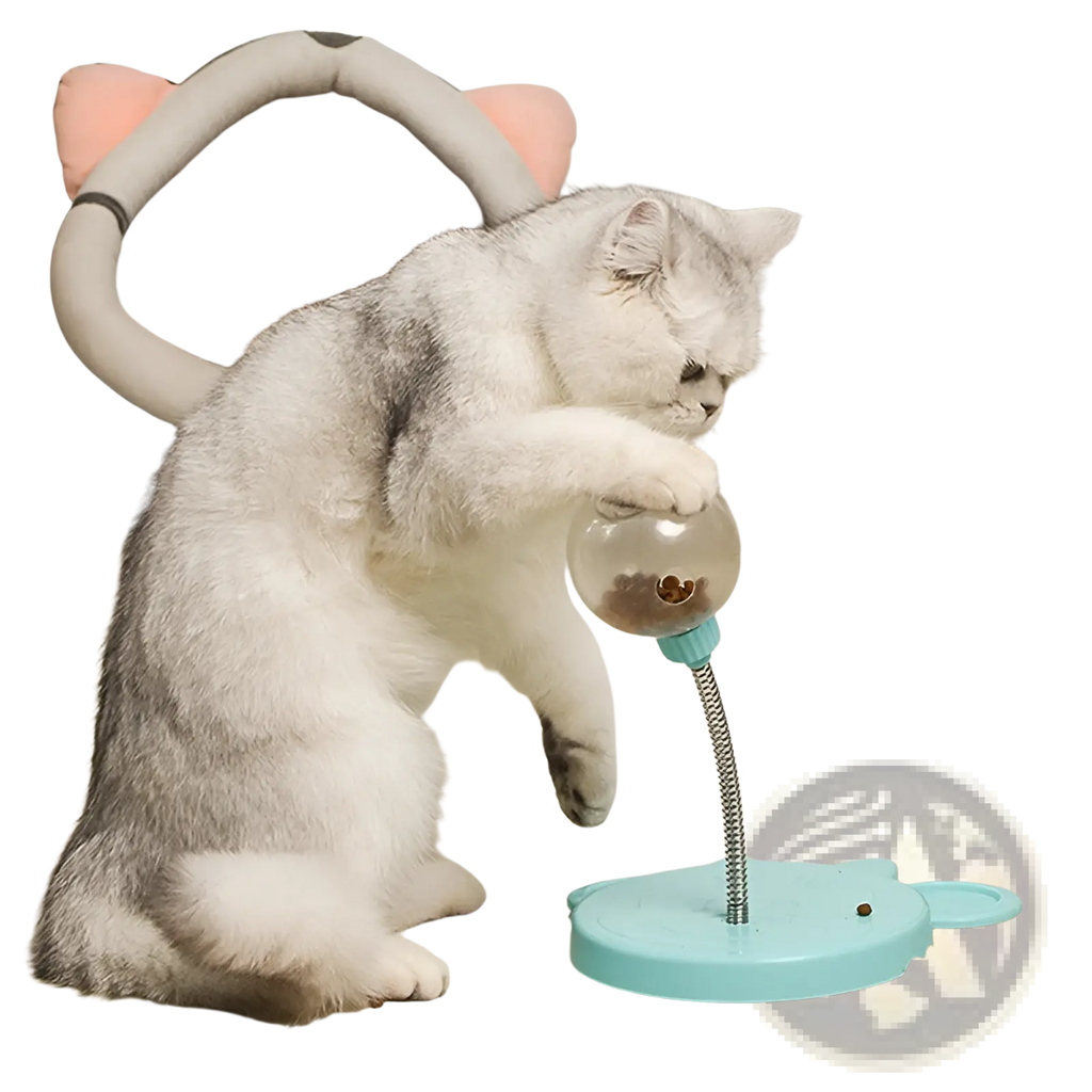 Light blue plastic cat puzzle toy tumbler food dispenser with suction cup clear glass sphere and flexible metal tube