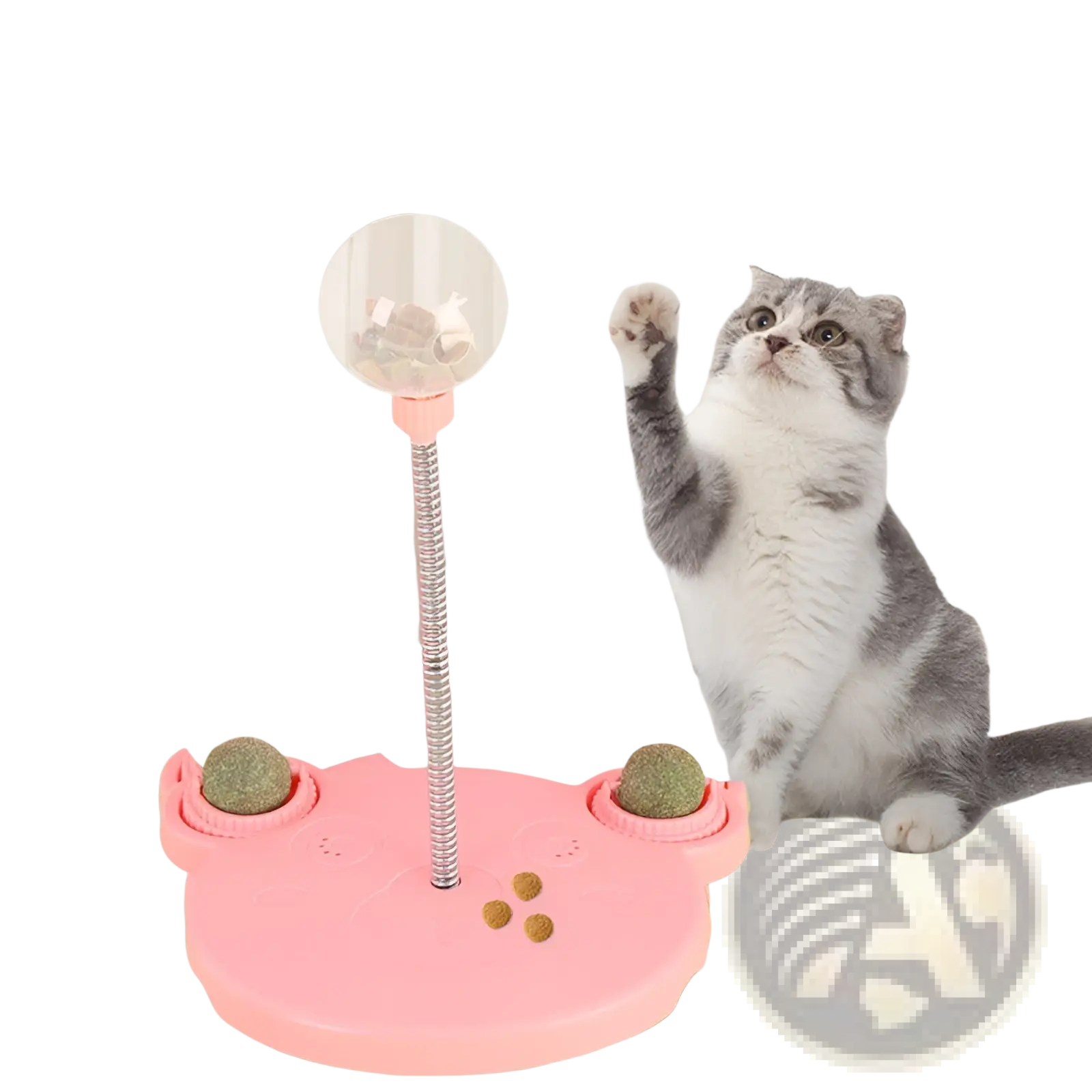 Pink cat-shaped interactive cat puzzle toy tumbler food dispenser with clear ball on metal pole and green textured balls