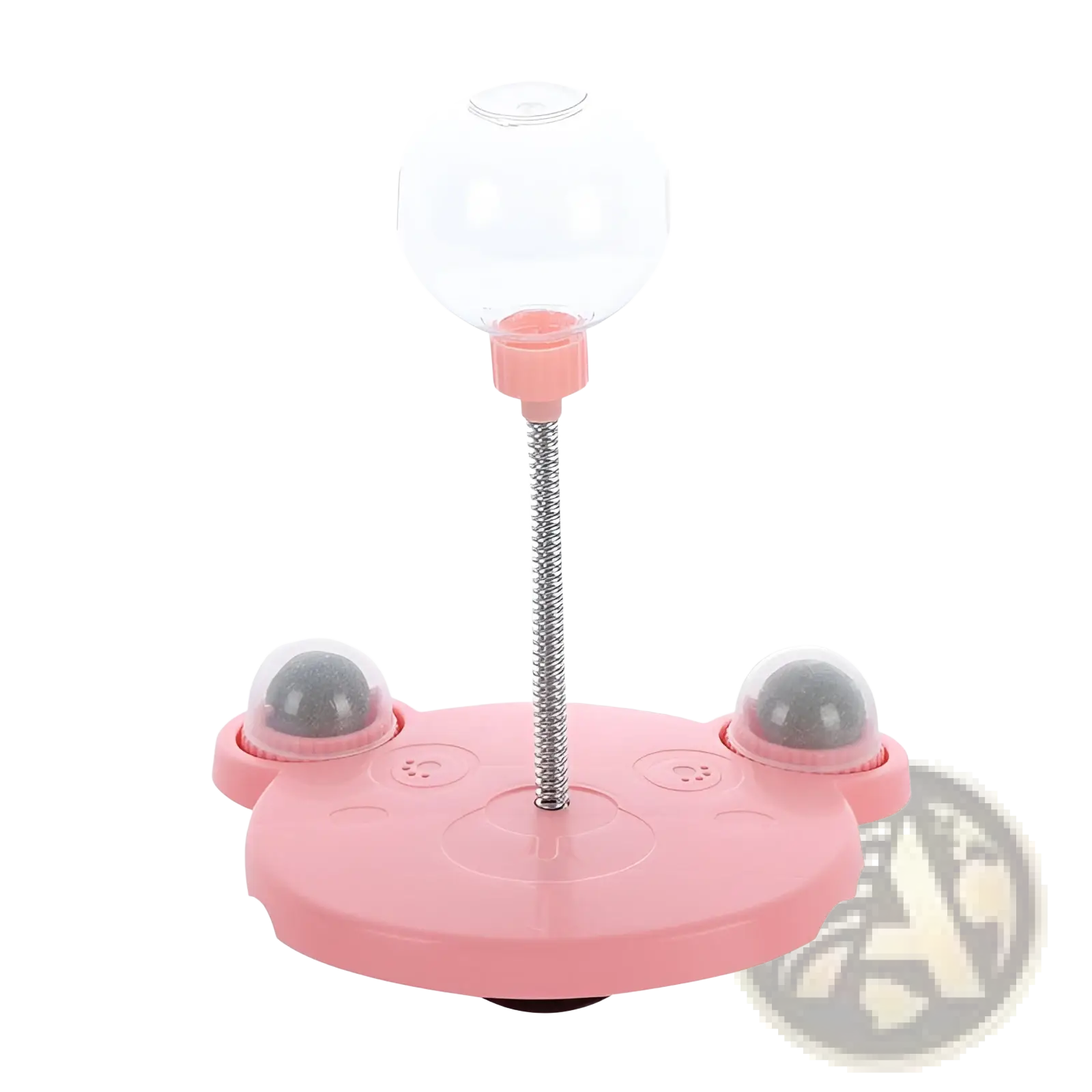 Pink plastic cat-shaped puzzle toy tumbler food dispenser with clear glass dome and two gray ball dispensers