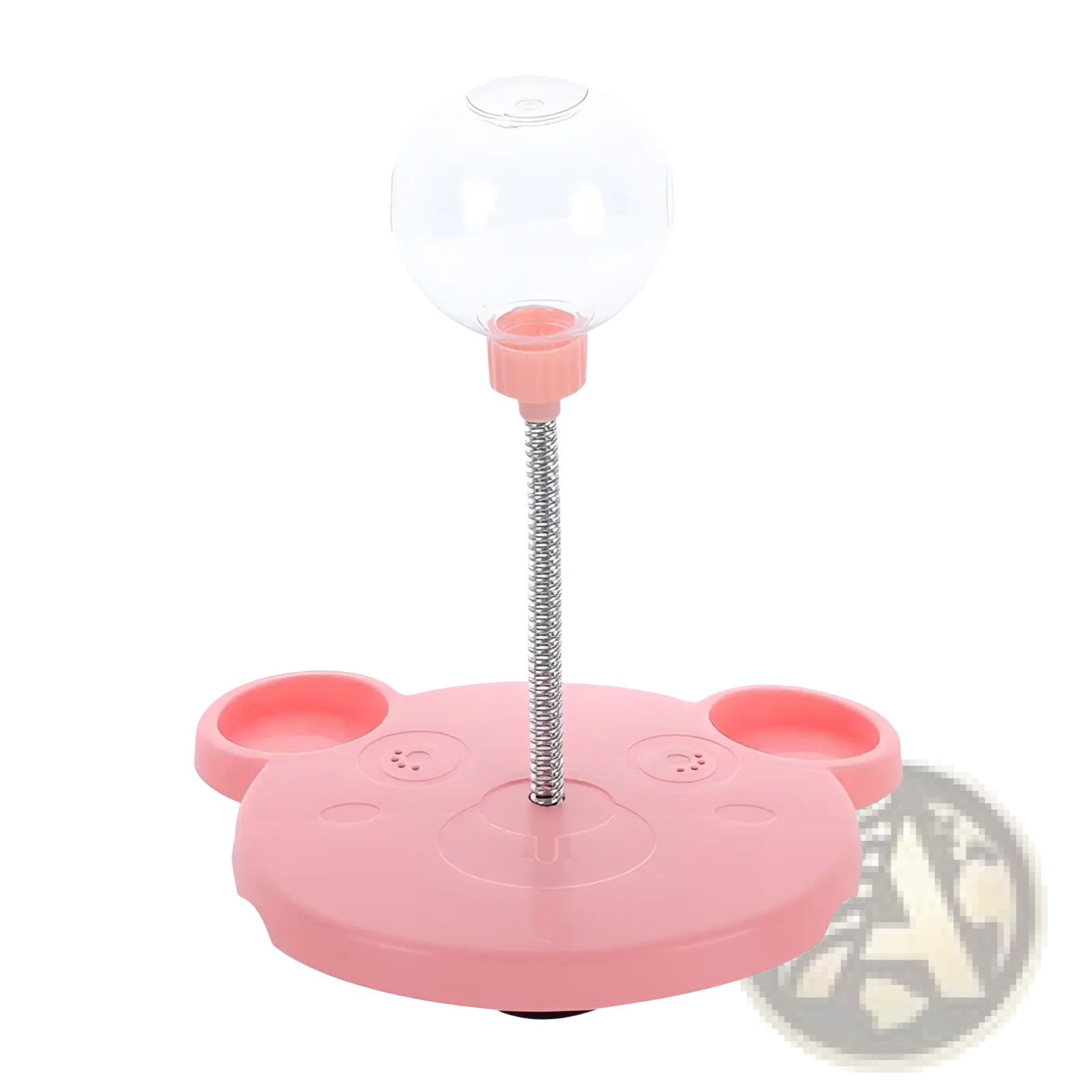 Pink plastic bear-shaped cat puzzle toy tumbler food dispenser with clear glass dome and flexible metal stem