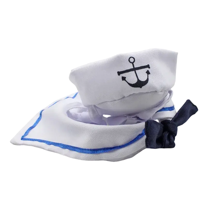 Cat sailor costume hat in white with navy trim black embroidered anchor and matching navy bow detail
