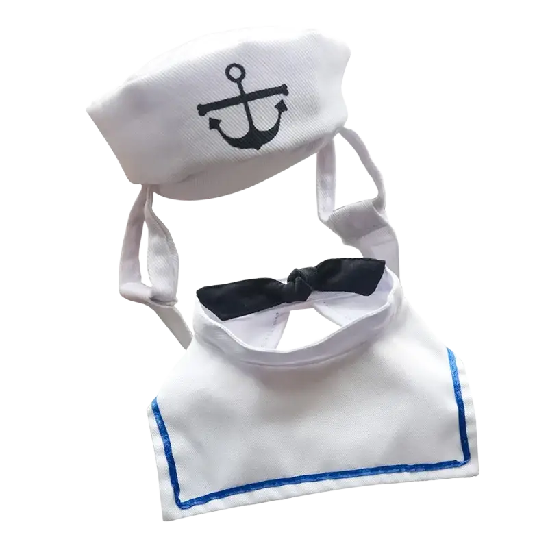Cat sailor costume with hat in white fabric featuring a black anchor emblem on the cap and blue trim on the collar