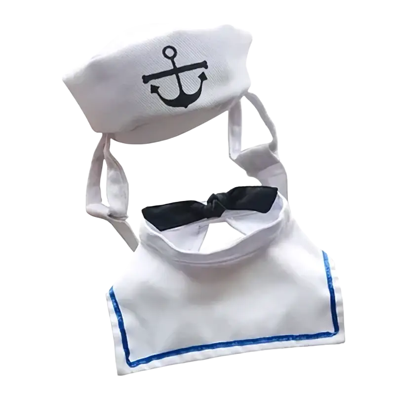 Cat sailor costume with hat featuring a white sailor-themed outfit with black anchor embroidery and blue trim