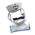 Cat sailor costume with hat featuring a white sailor-themed outfit with black anchor embroidery and blue trim
