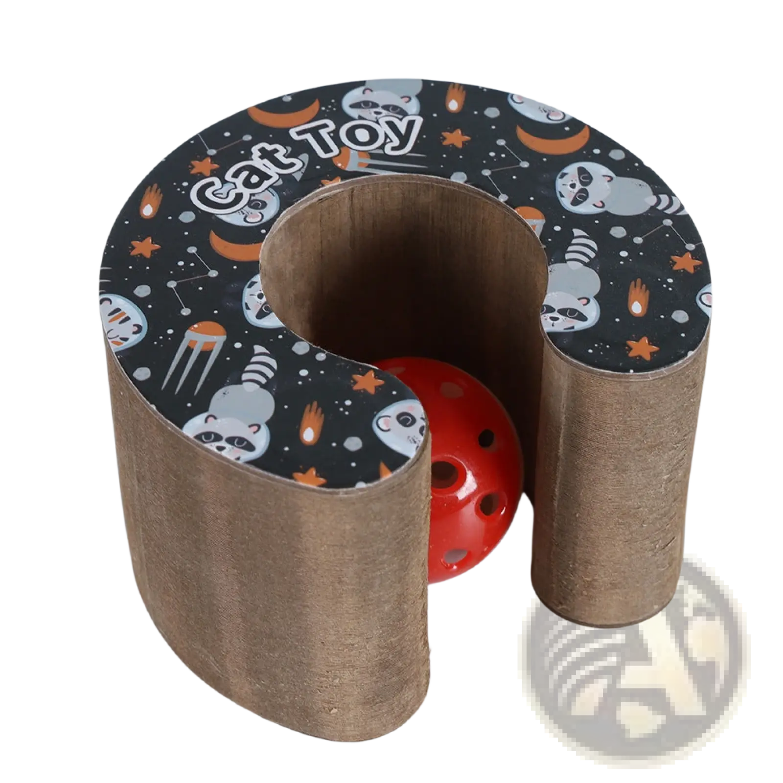 Black cardboard cat scratch board magnetic folding toy shaped like a u with space-themed decals and red ball inside