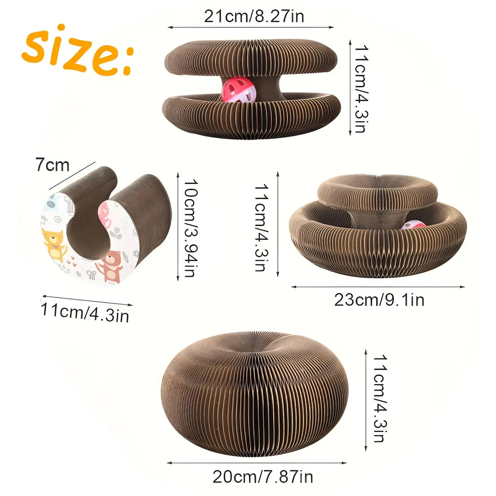 Brown corrugated cardboard cat scratcher with magnetic folding design and soft plush interior for playful use