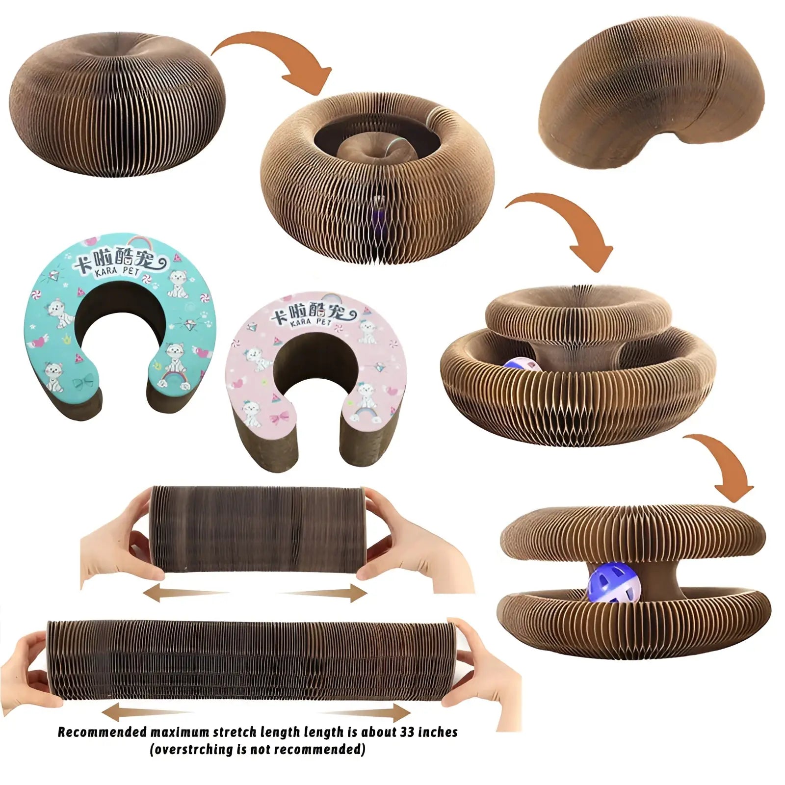 Brown corrugated cardboard cat scratch board magnetic folding toy with collapsible and pastel printed u shaped design
