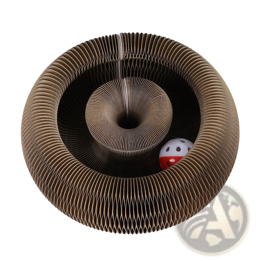 Brown corrugated cardboard cat scratch board magnetic folding toy with concentric ridges and a red and white ball inside