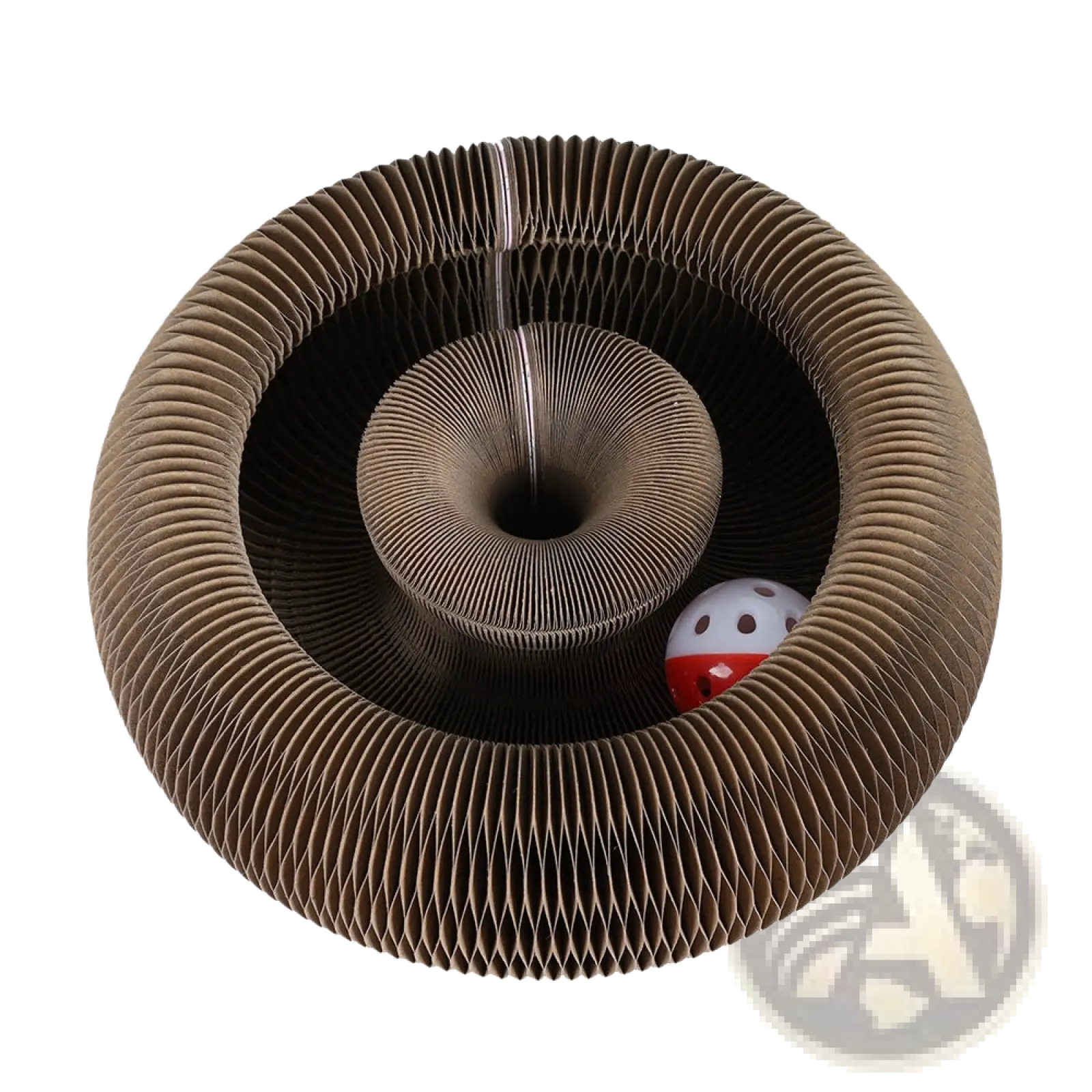 Brown corrugated cardboard cat scratch board magnetic folding toy with concentric ridges and a red and white ball inside
