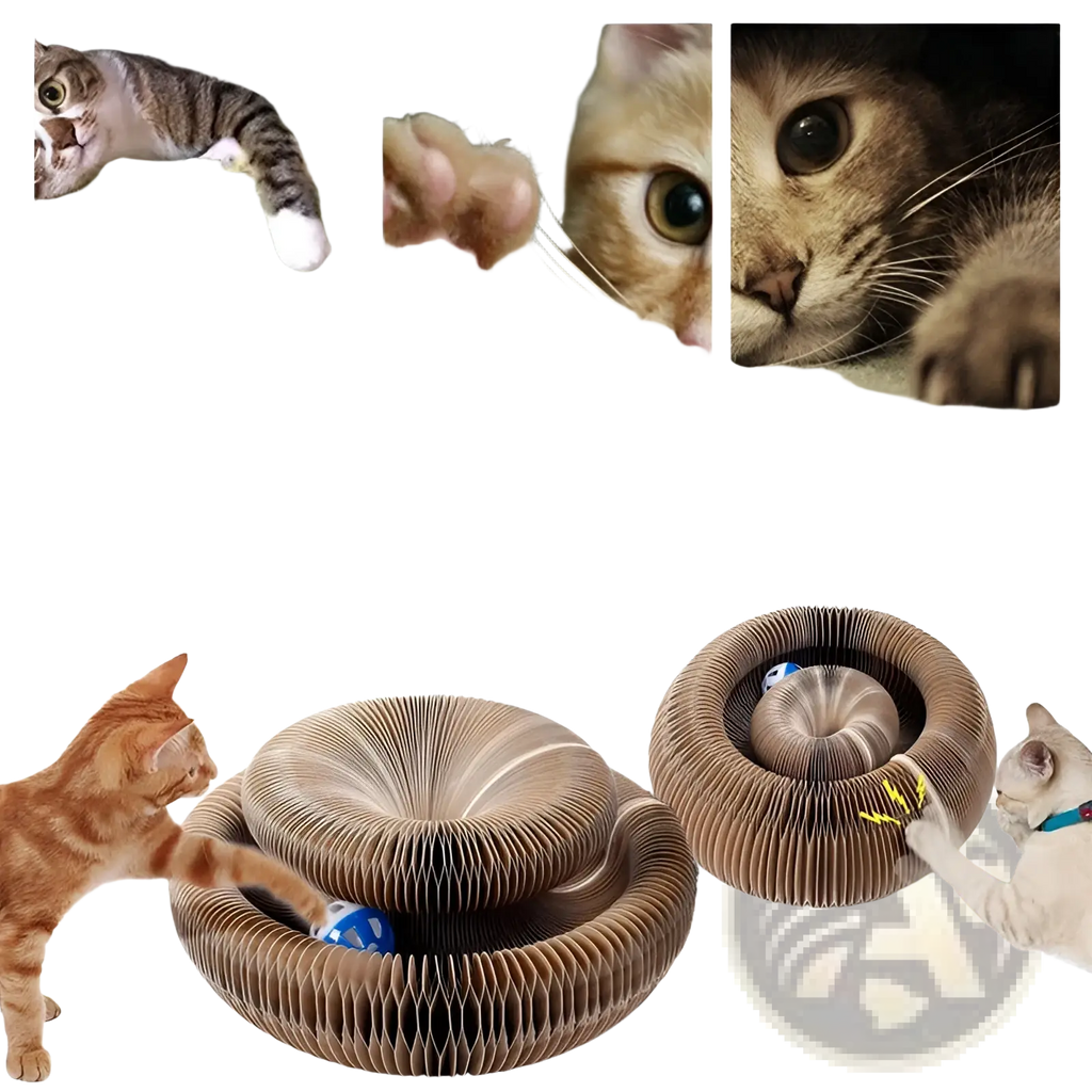 Brown corrugated cardboard cat scratch board magnetic folding toy with spiral design and embedded ball for cats
