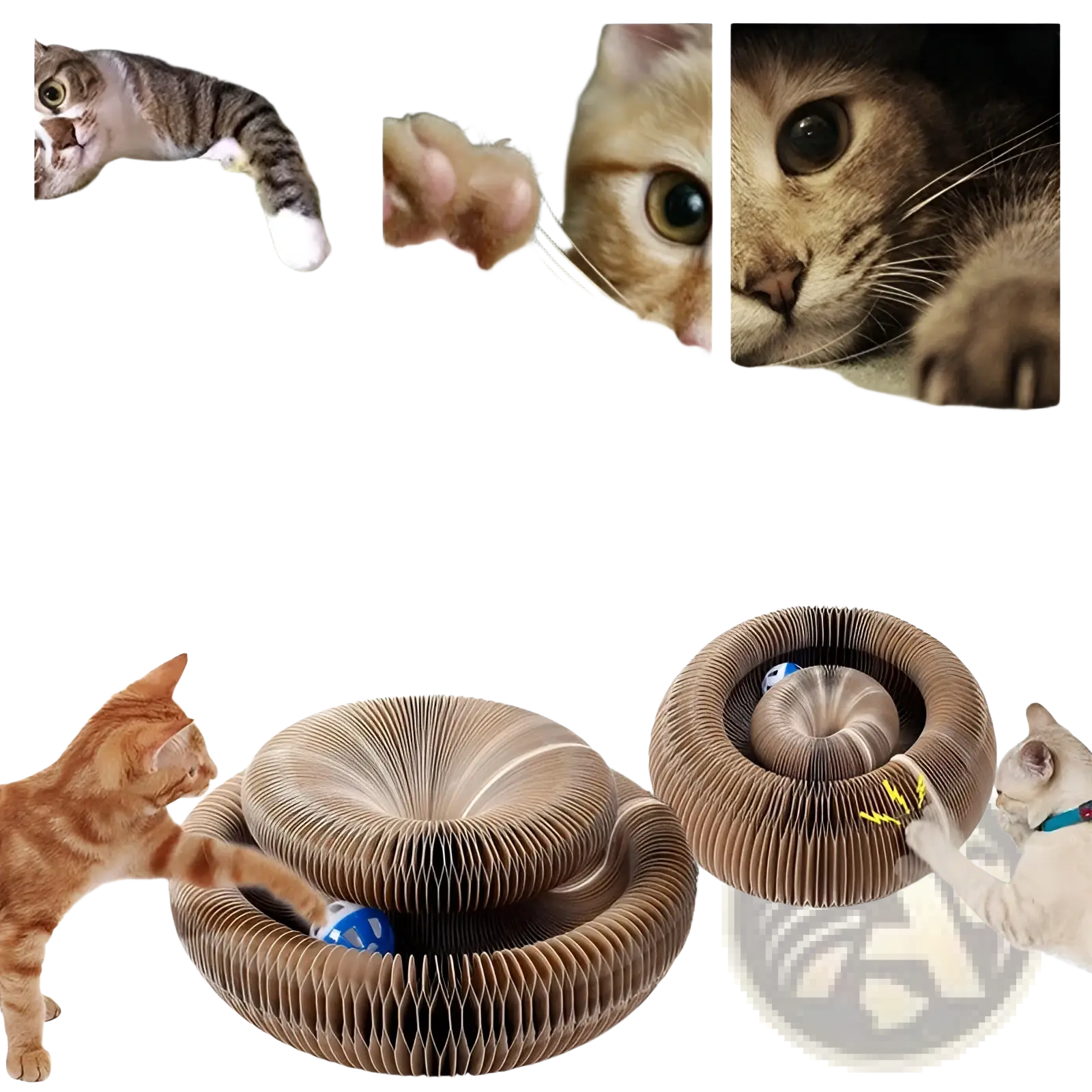 Brown corrugated cardboard cat scratch board magnetic folding toy with spiral design and embedded ball for cats