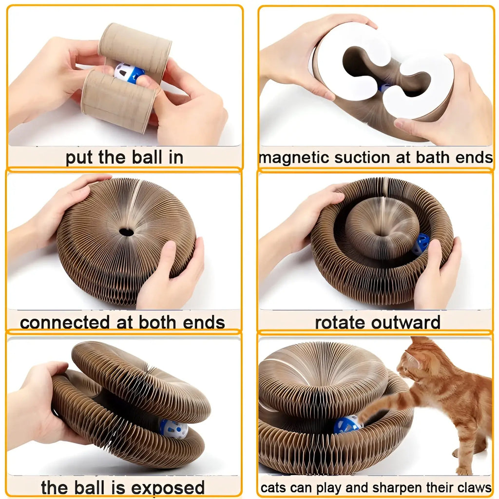 Brown corrugated cardboard cat scratch board magnetic folding toy with suction ends and ball inside