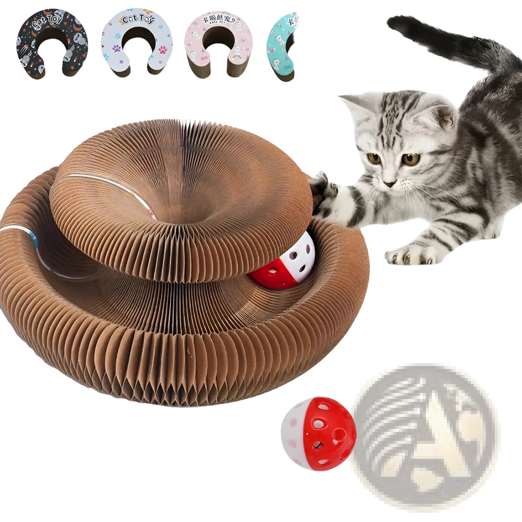 Brown corrugated cardboard cat scratch board with a red and white magnetic ball inside its spiral folding design