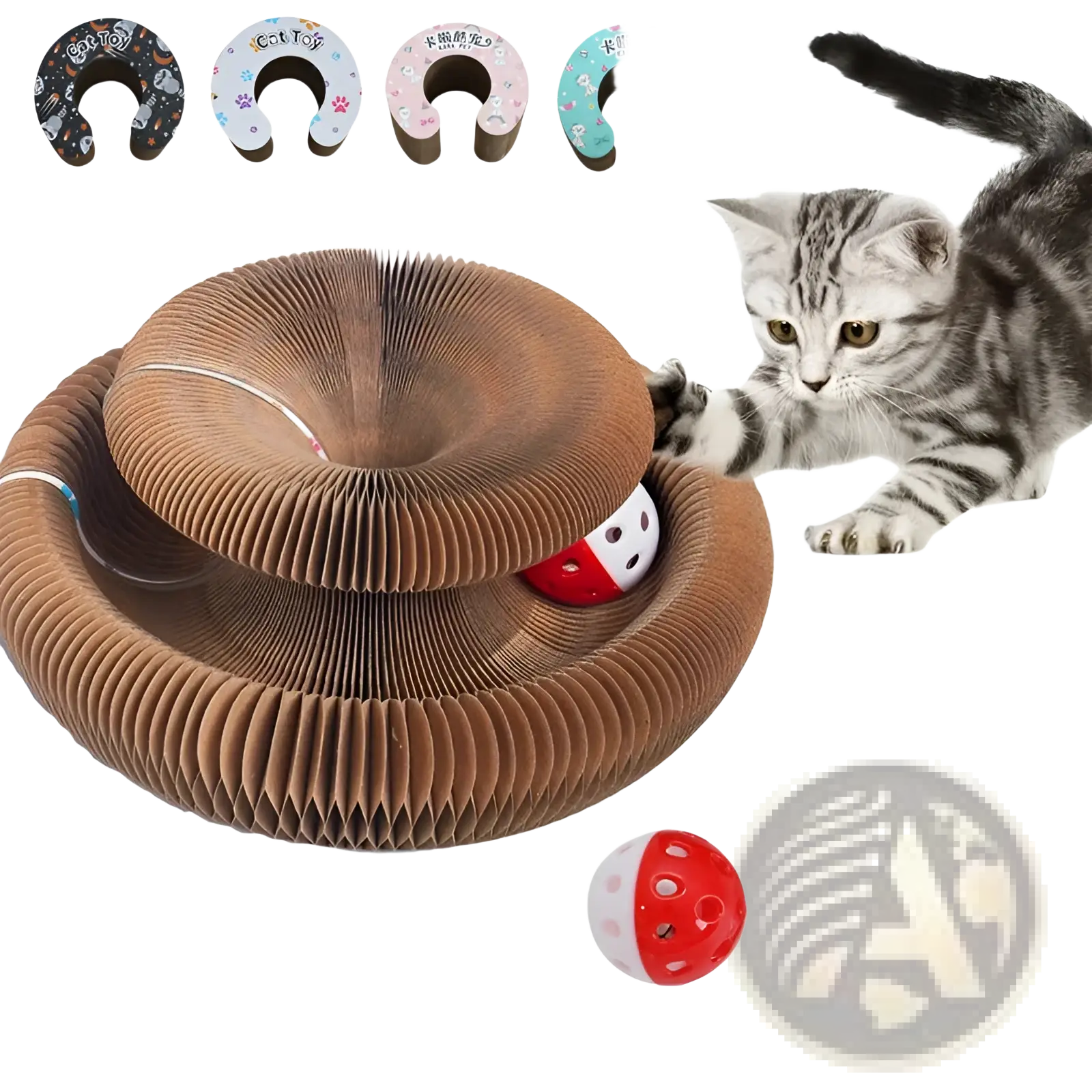 Brown corrugated cardboard cat scratch board with a red and white magnetic ball inside its spiral folding design