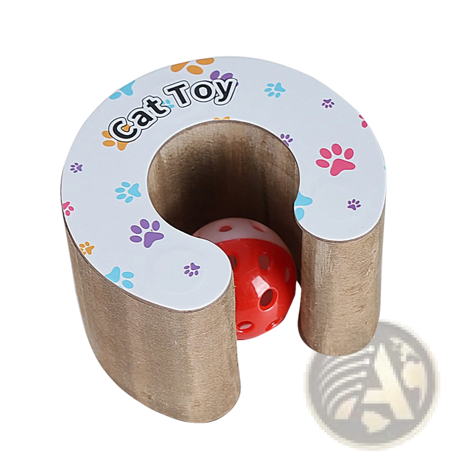 Colorful u-shaped cardboard cat scratch board magnetic folding toy with white top and red perforated ball inside