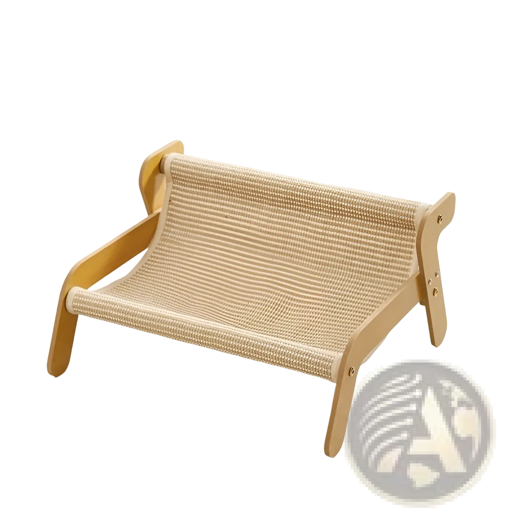 Light wood-framed cat scratch board rattan recliner bed nest with beige woven mesh surface for cats to lounge