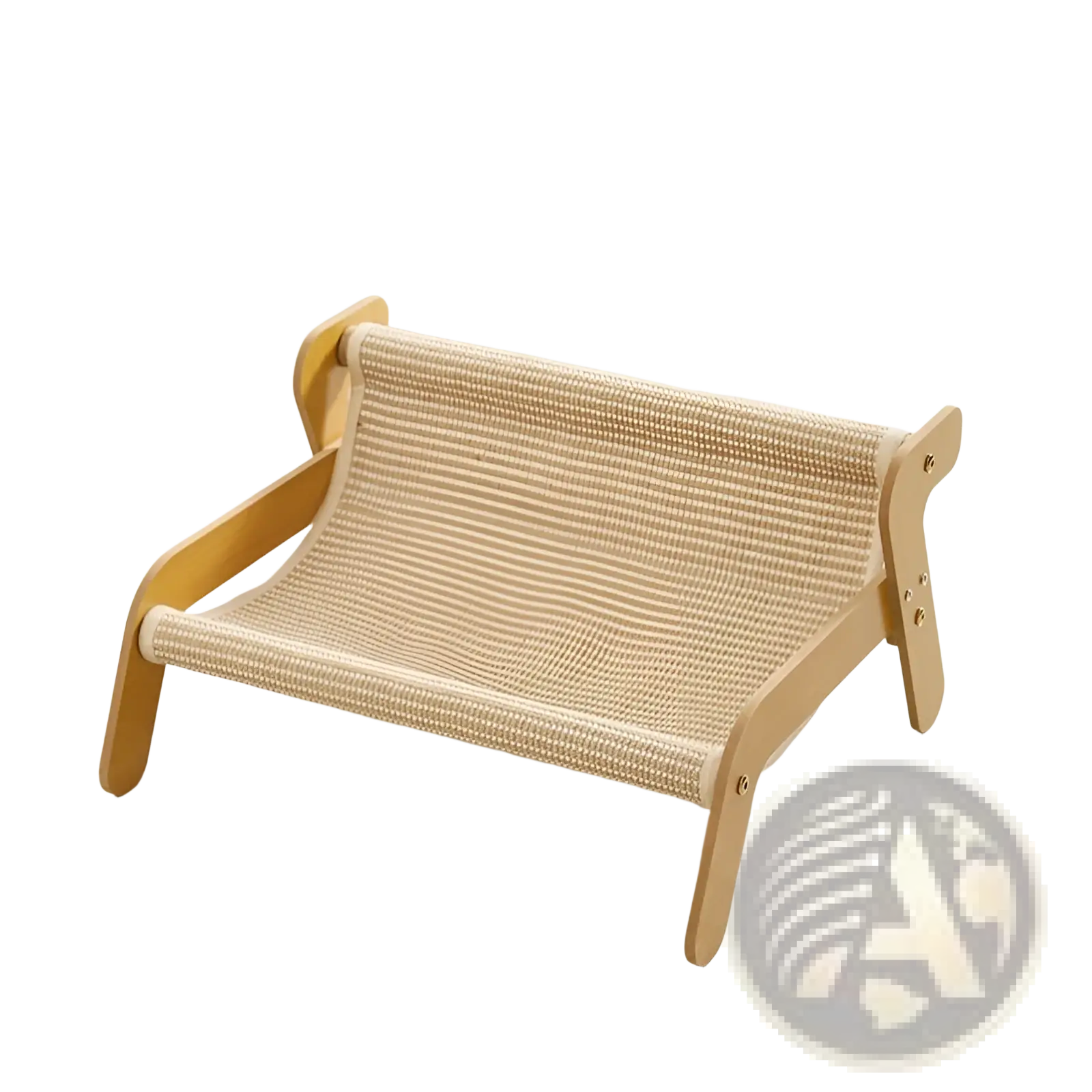 Light wood-framed cat scratch board rattan recliner bed nest with beige woven mesh surface for cats to lounge