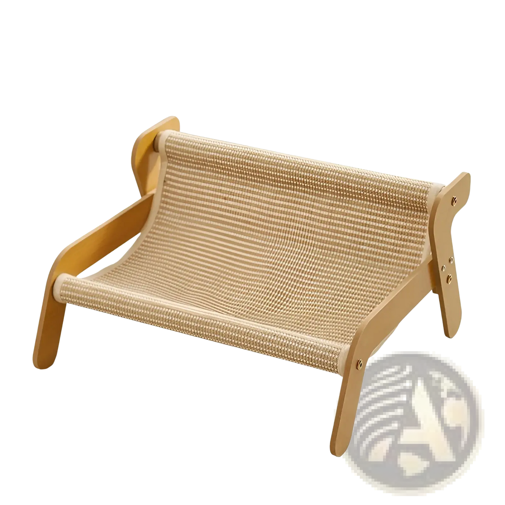 Beige woven cat scratch board rattan recliner bed nest with light wood frame for cat scratching and resting
