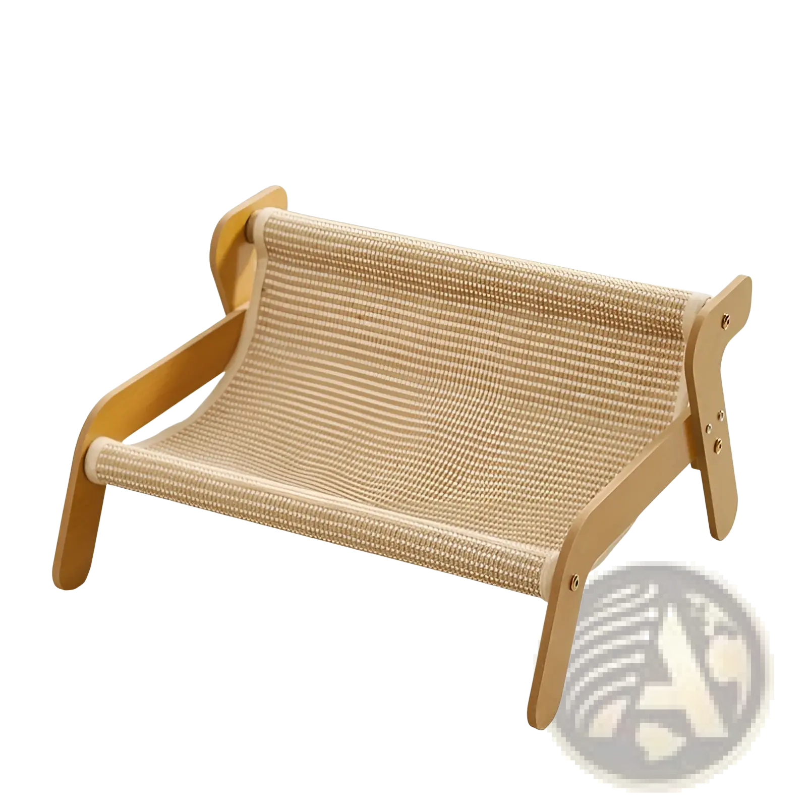 Beige woven cat scratch board rattan recliner bed nest with light wood frame for cat scratching and resting