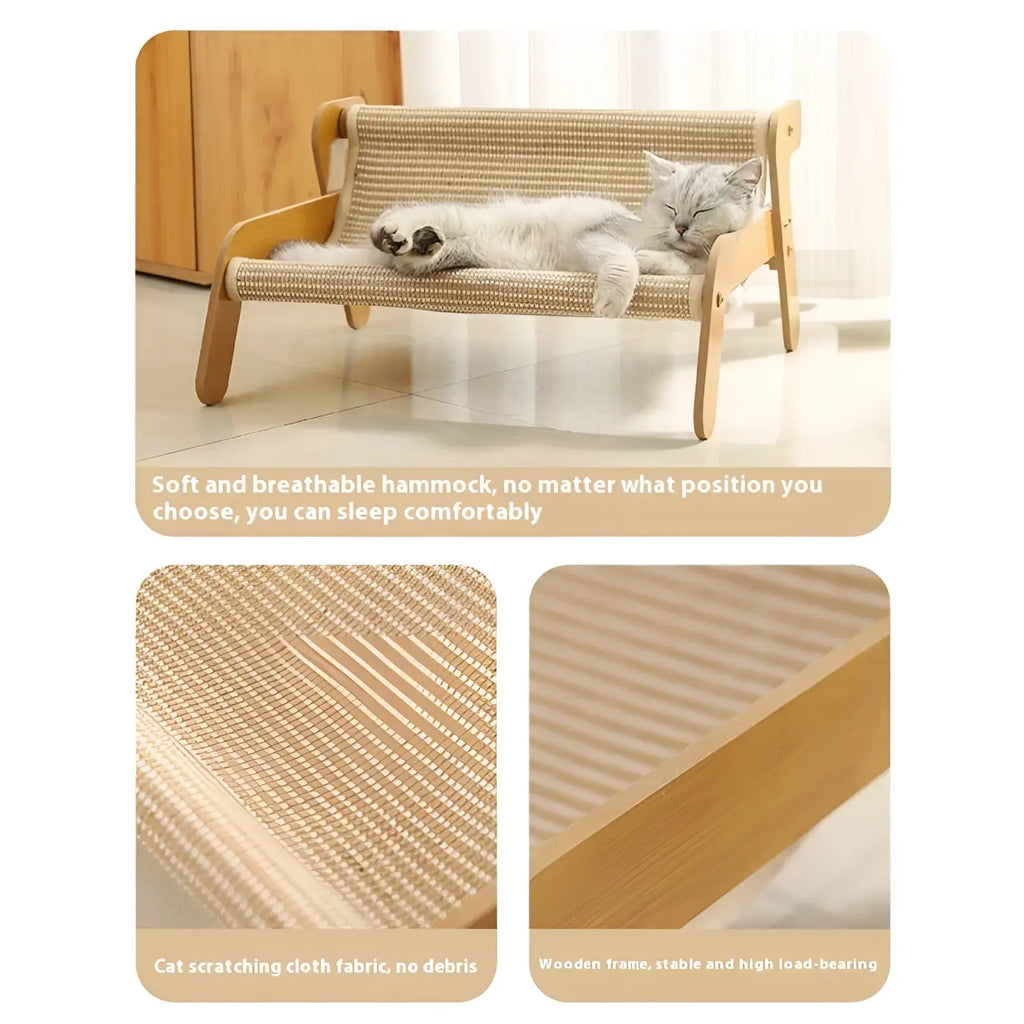 A cozy light beige rattan cat scratch board recliner bed with woven texture and wooden frame for cats to rest