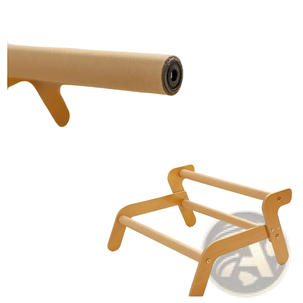 Light-colored wooden toddler balance beam with thick rounded pipes and sturdy timber frame for cat scratch board rattan recliner bed nest
